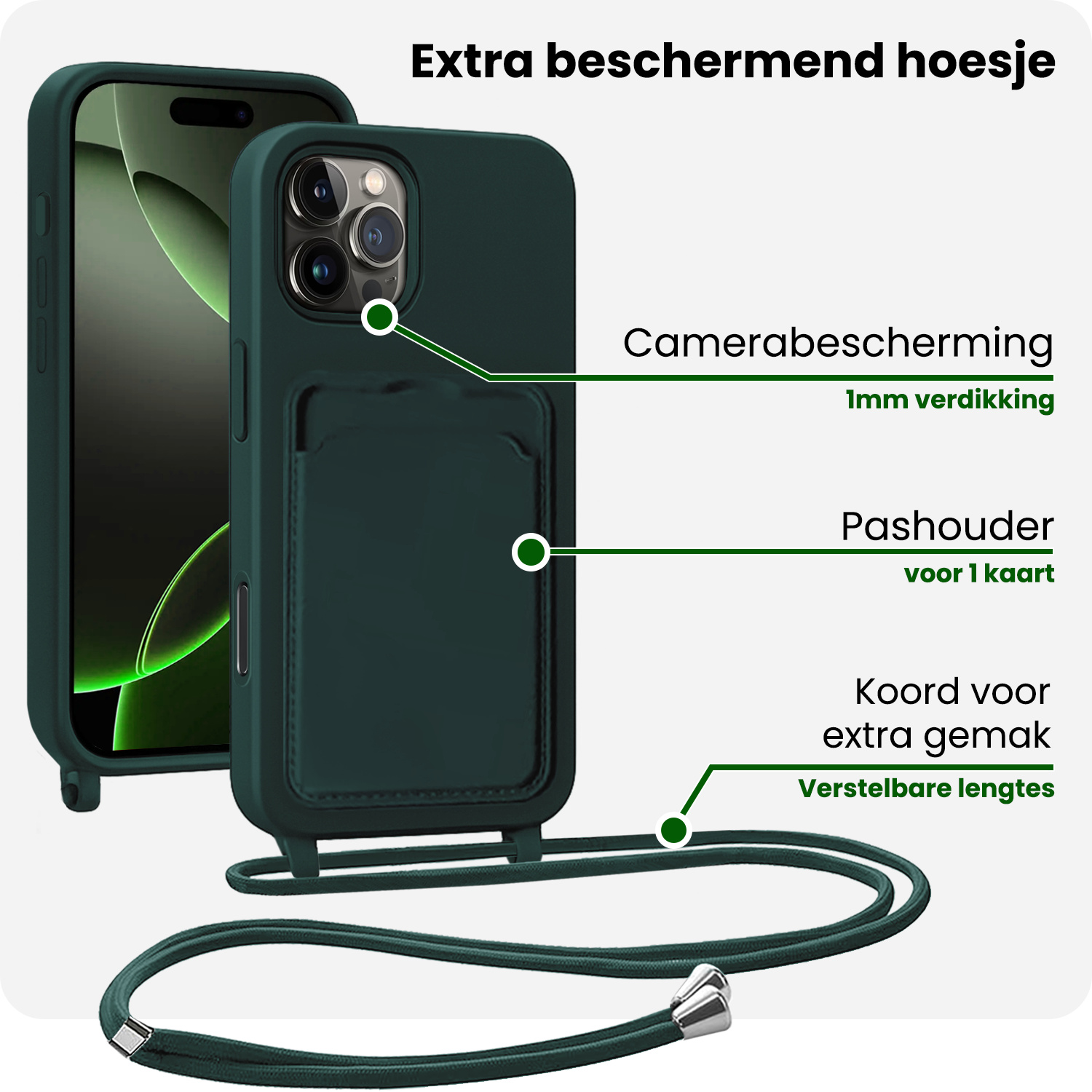 BASEY. BASEY. iPhone 16 Pro Max Hoesje Pashouder met Koord Met Screenprotector - Donkergroen