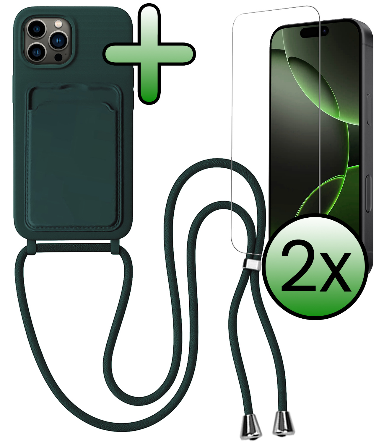 BASEY. BASEY. iPhone 16 Pro Max Hoesje Pashouder met Koord Met 2x Screenprotector - Donkergroen