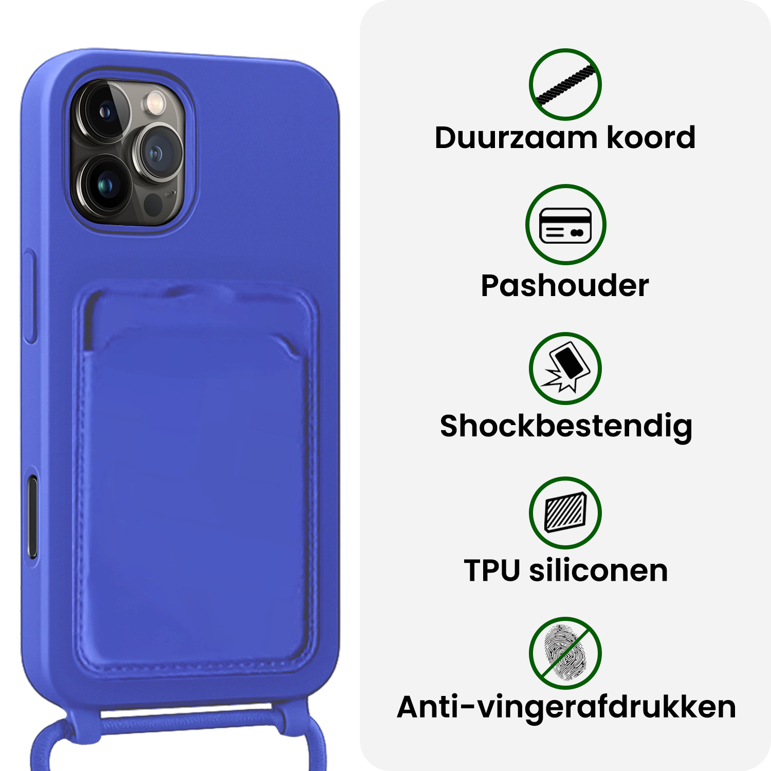 BASEY. BASEY. iPhone 16 Pro Max Hoesje Pashouder met Koord Met 2x Screenprotector - Fel Blauw