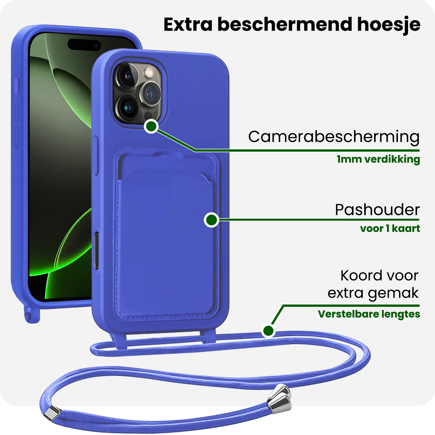 BASEY. BASEY. iPhone 16 Pro Max Hoesje Pashouder met Koord Met 2x Screenprotector - Fel Blauw