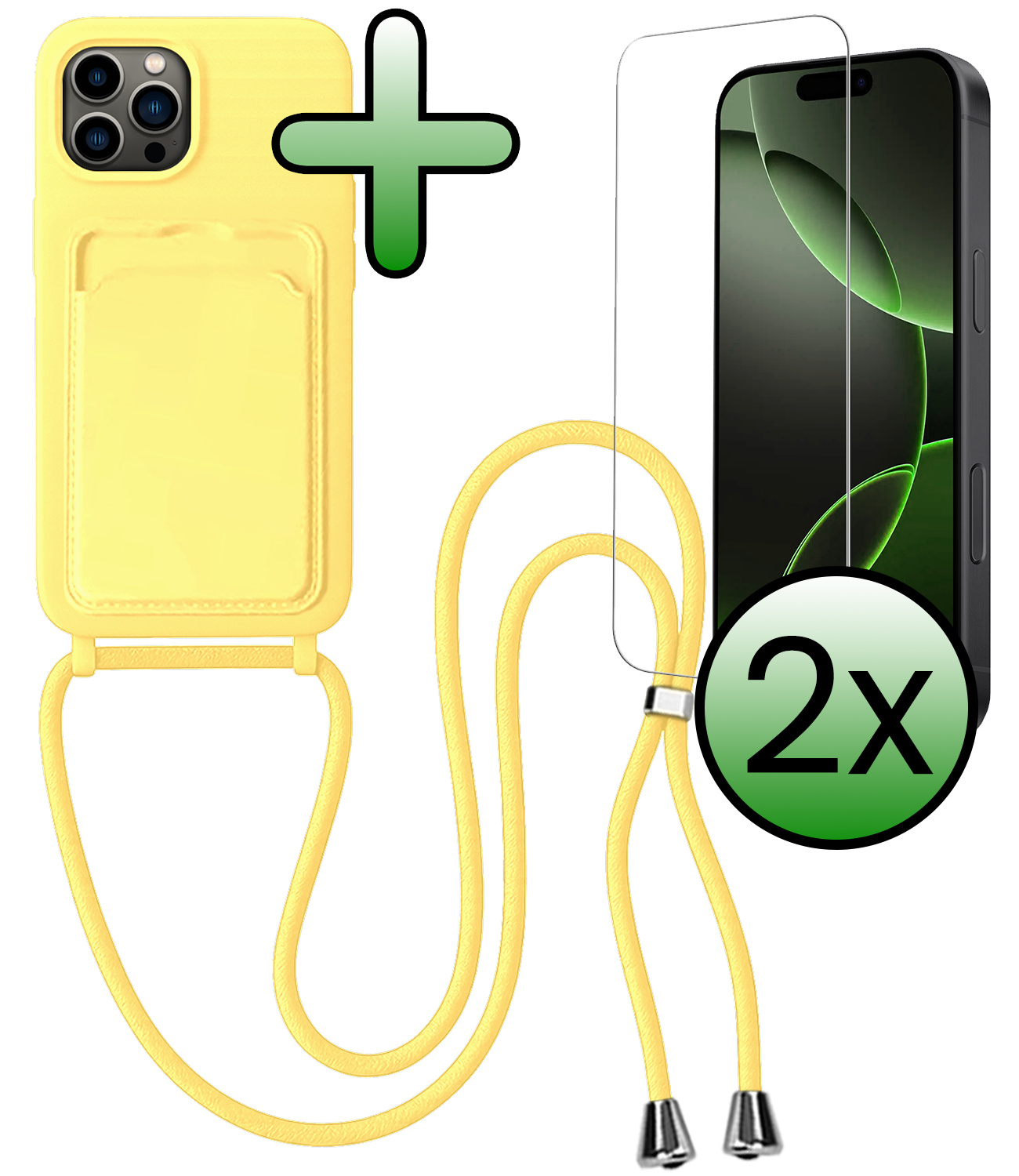 BASEY. BASEY. iPhone 16 Pro Max Hoesje Pashouder met Koord Met 2x Screenprotector - Geel