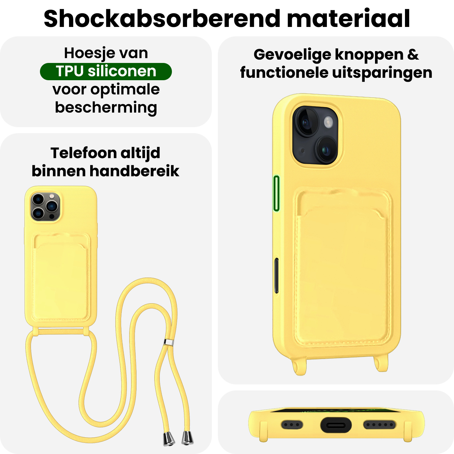 BASEY. BASEY. iPhone 16 Pro Max Hoesje Pashouder met Koord Met 2x Screenprotector - Geel