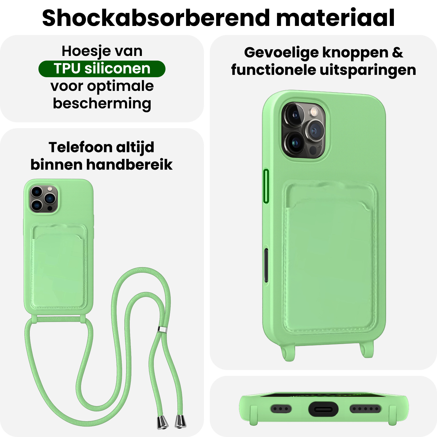 BASEY. BASEY. iPhone 16 Pro Max Hoesje Pashouder met Koord Met Screenprotector - Groen