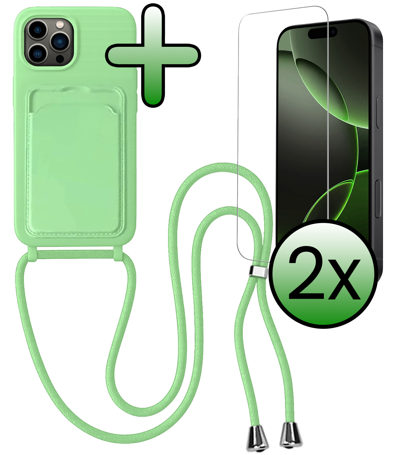 BASEY. BASEY. iPhone 16 Pro Max Hoesje Pashouder met Koord Met 2x Screenprotector - Groen