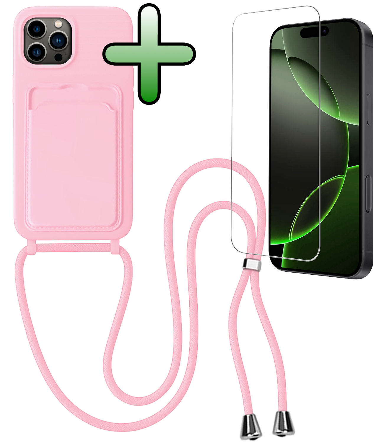 BASEY. BASEY. iPhone 16 Pro Max Hoesje Pashouder met Koord Met Screenprotector - Lichtroze