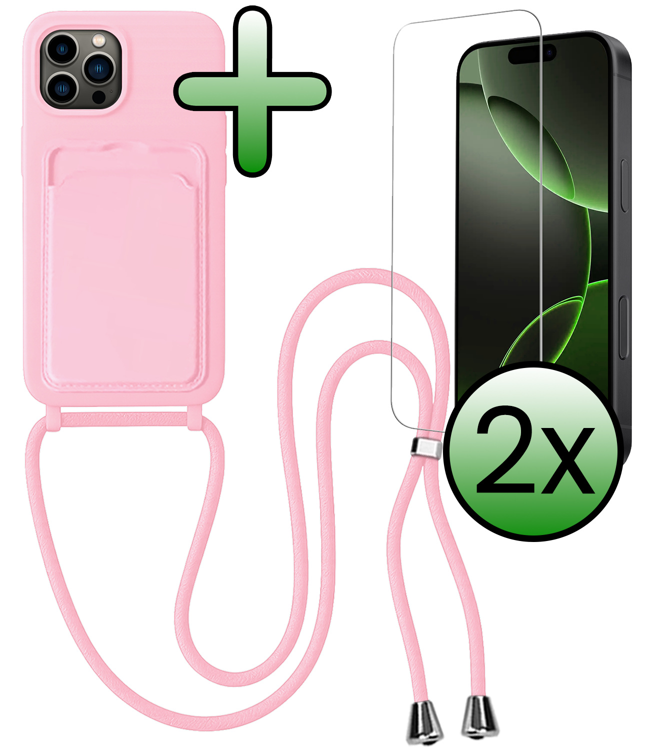 BASEY. BASEY. iPhone 16 Pro Max Hoesje Pashouder met Koord Met 2x Screenprotector - Lichtroze