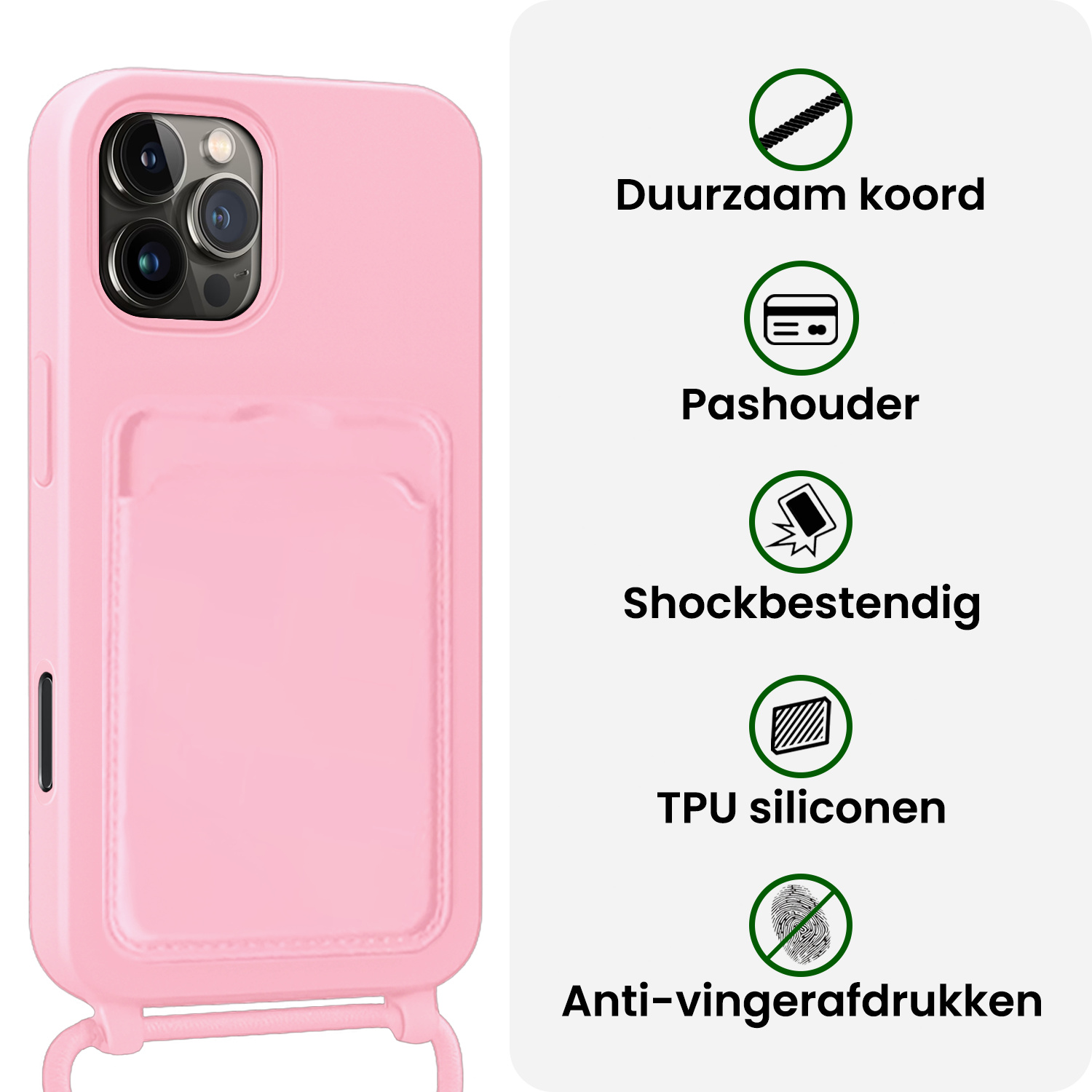 BASEY. BASEY. iPhone 16 Pro Max Hoesje Pashouder met Koord Met 2x Screenprotector - Lichtroze