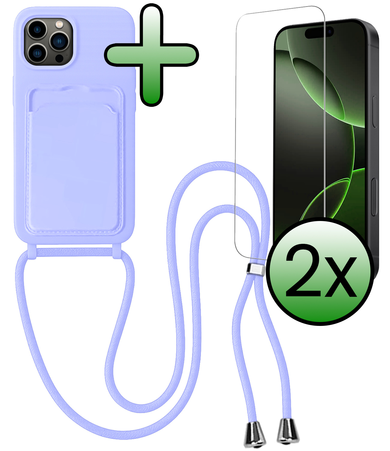 BASEY. BASEY. iPhone 16 Pro Max Hoesje Pashouder met Koord Met 2x Screenprotector - Lila