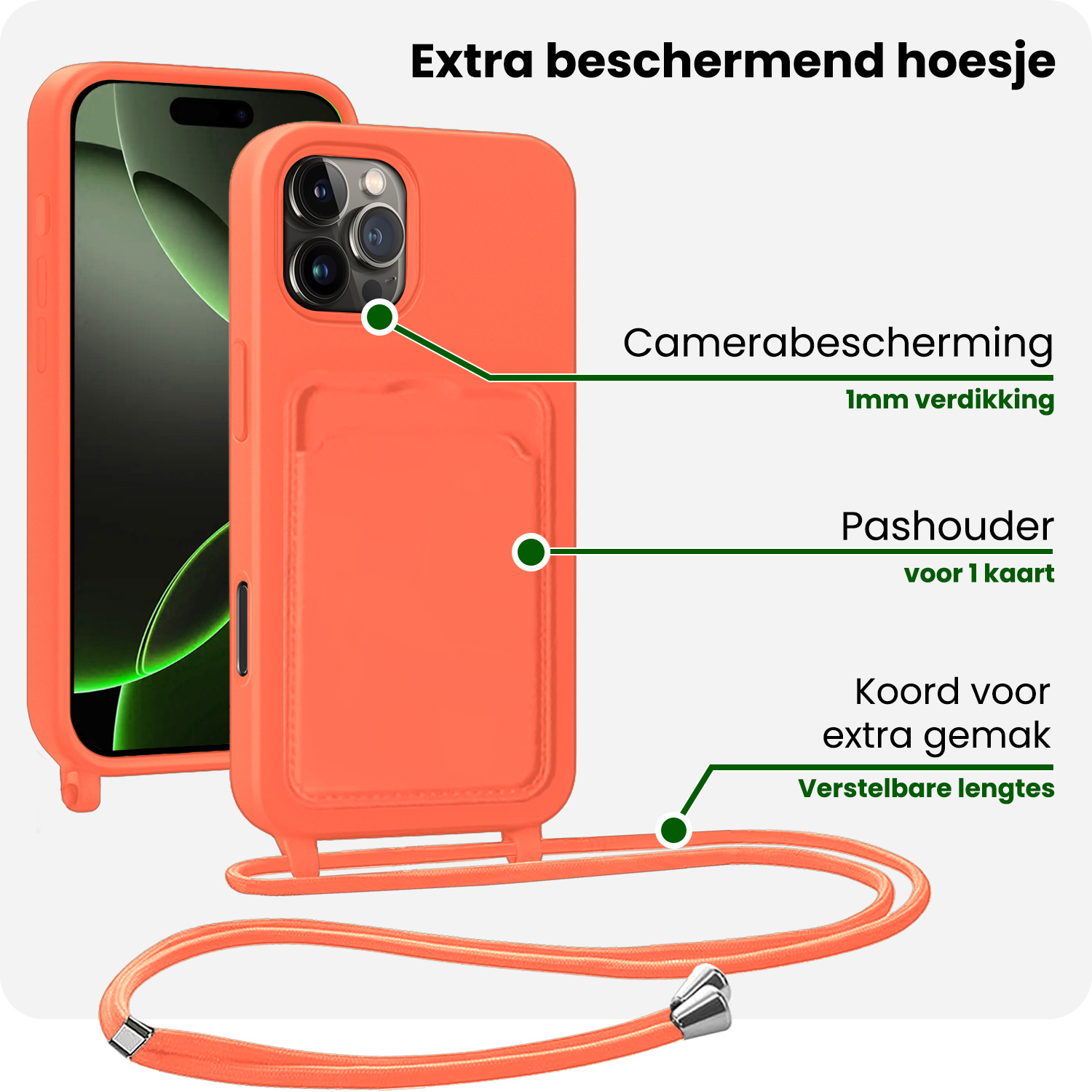 BASEY. BASEY. iPhone 16 Pro Max Hoesje Pashouder met Koord Met Screenprotector - Papaya