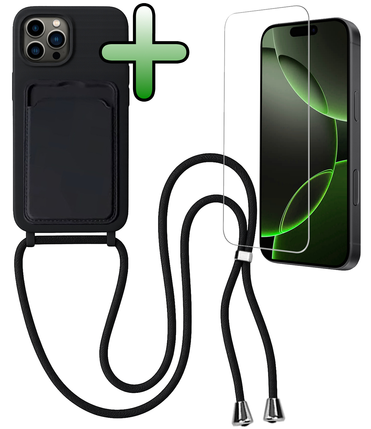 BASEY. BASEY. iPhone 16 Pro Max Hoesje Pashouder met Koord Met Screenprotector - Zwart