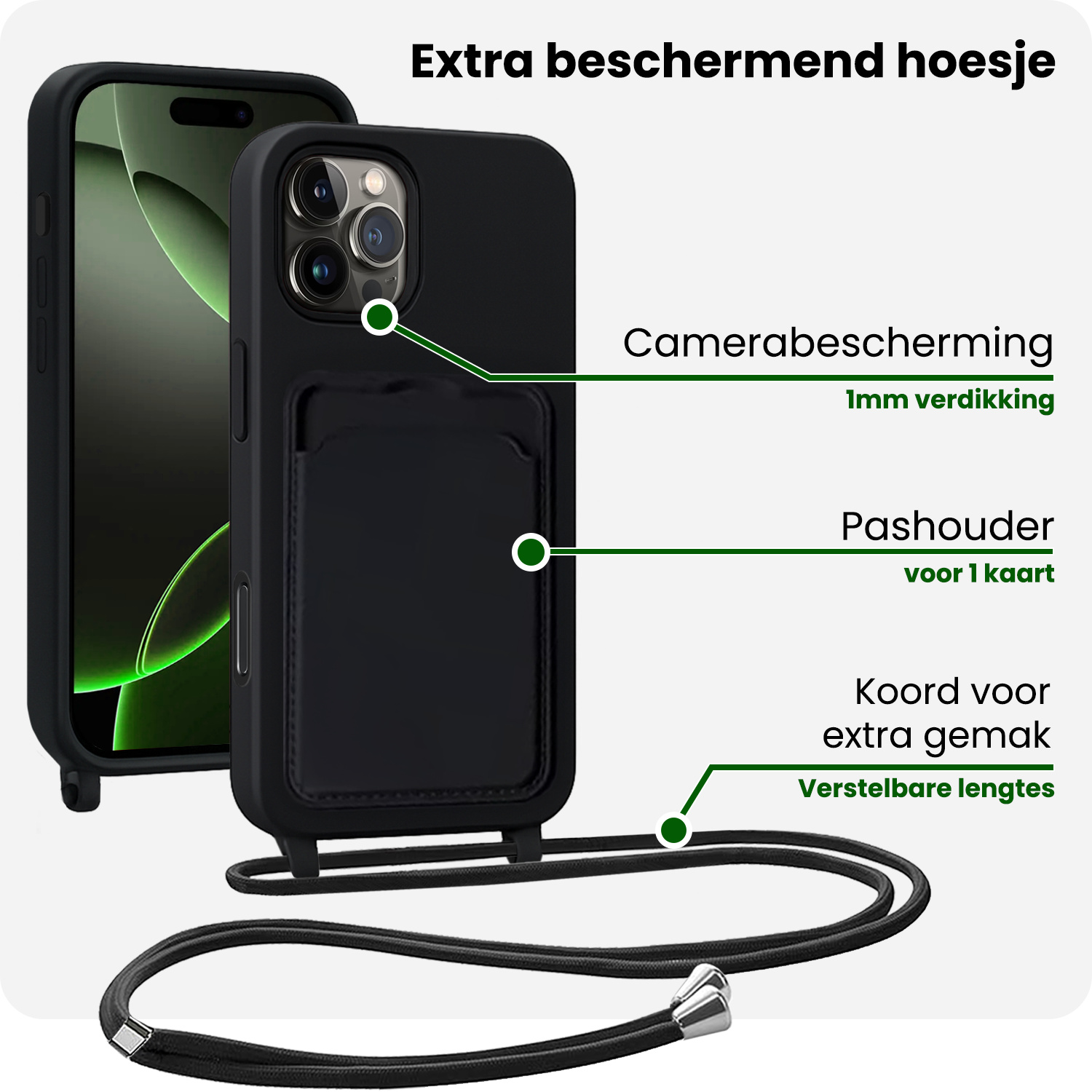 BASEY. BASEY. iPhone 16 Pro Max Hoesje Pashouder met Koord Met 2x Screenprotector - Zwart