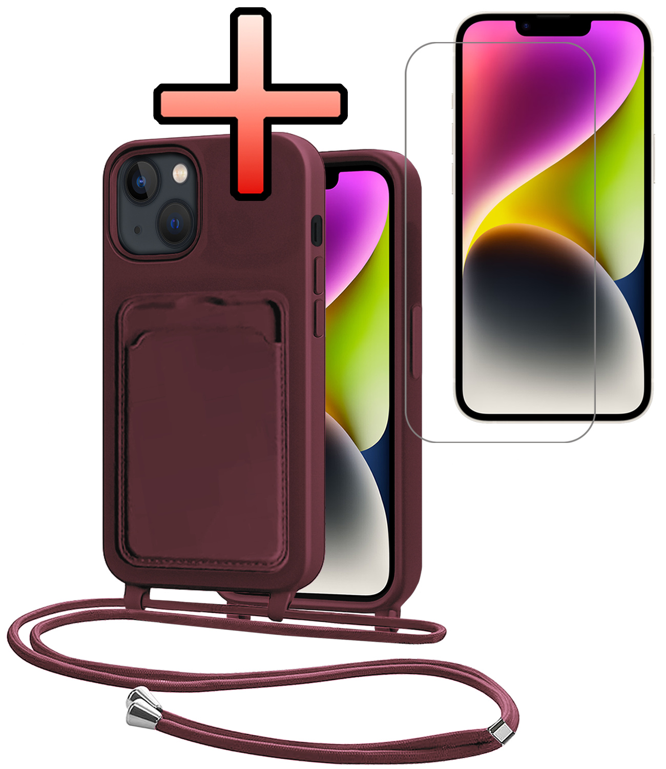 NoXx NoXx iPhone 13 Hoesje Pashouder met Koord Met Screenprotector - Aubergine