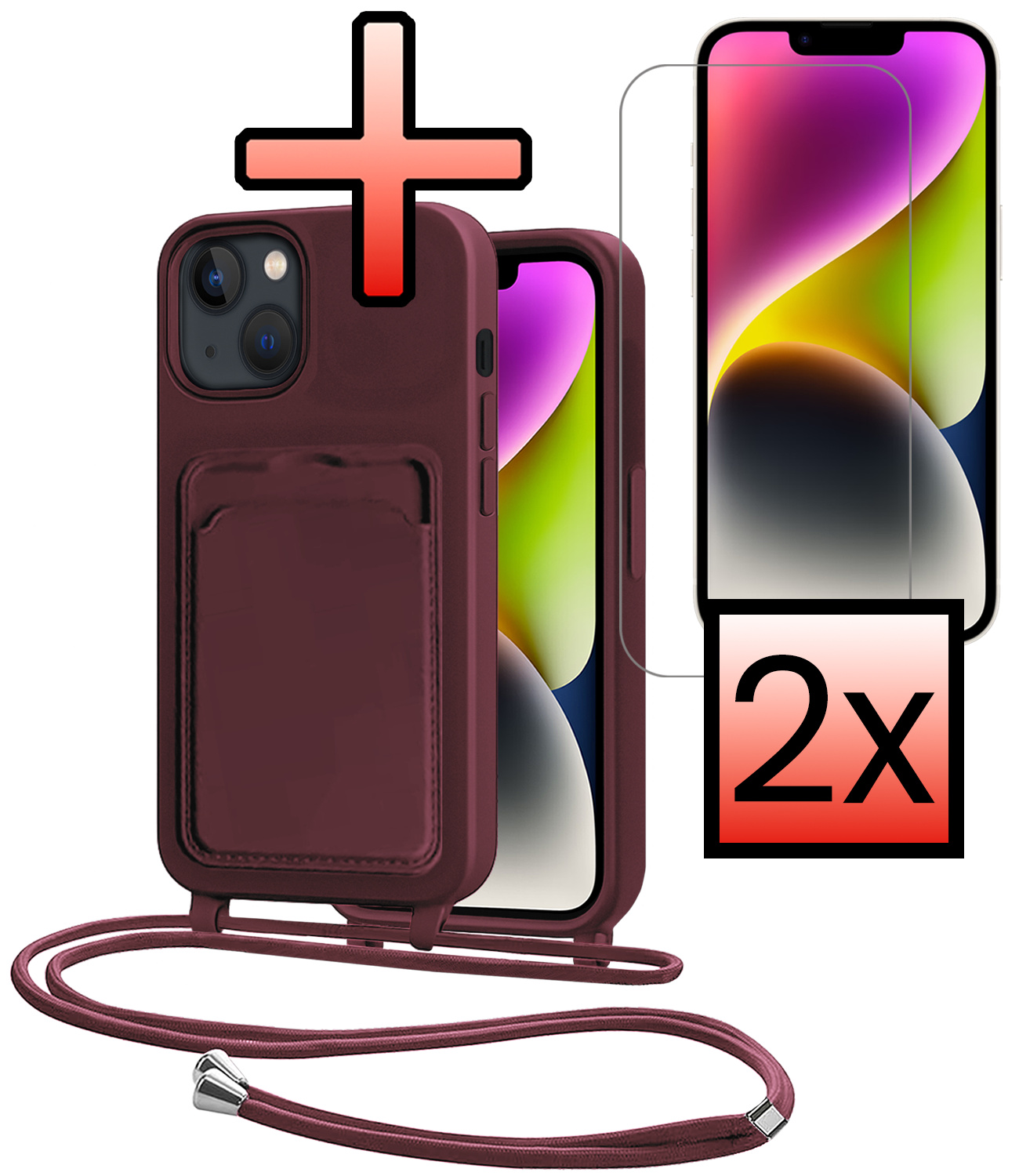 NoXx NoXx iPhone 13 Hoesje Pashouder met Koord Met 2x Screenprotector - Aubergine