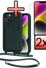 NoXx NoXx iPhone 13 Hoesje Pashouder met Koord Met 2x Screenprotector - Donkergroen