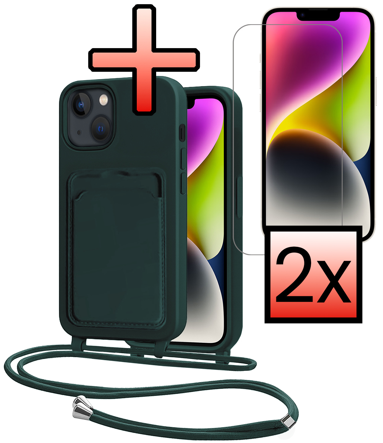 NoXx NoXx iPhone 13 Hoesje Pashouder met Koord Met 2x Screenprotector - Donkergroen