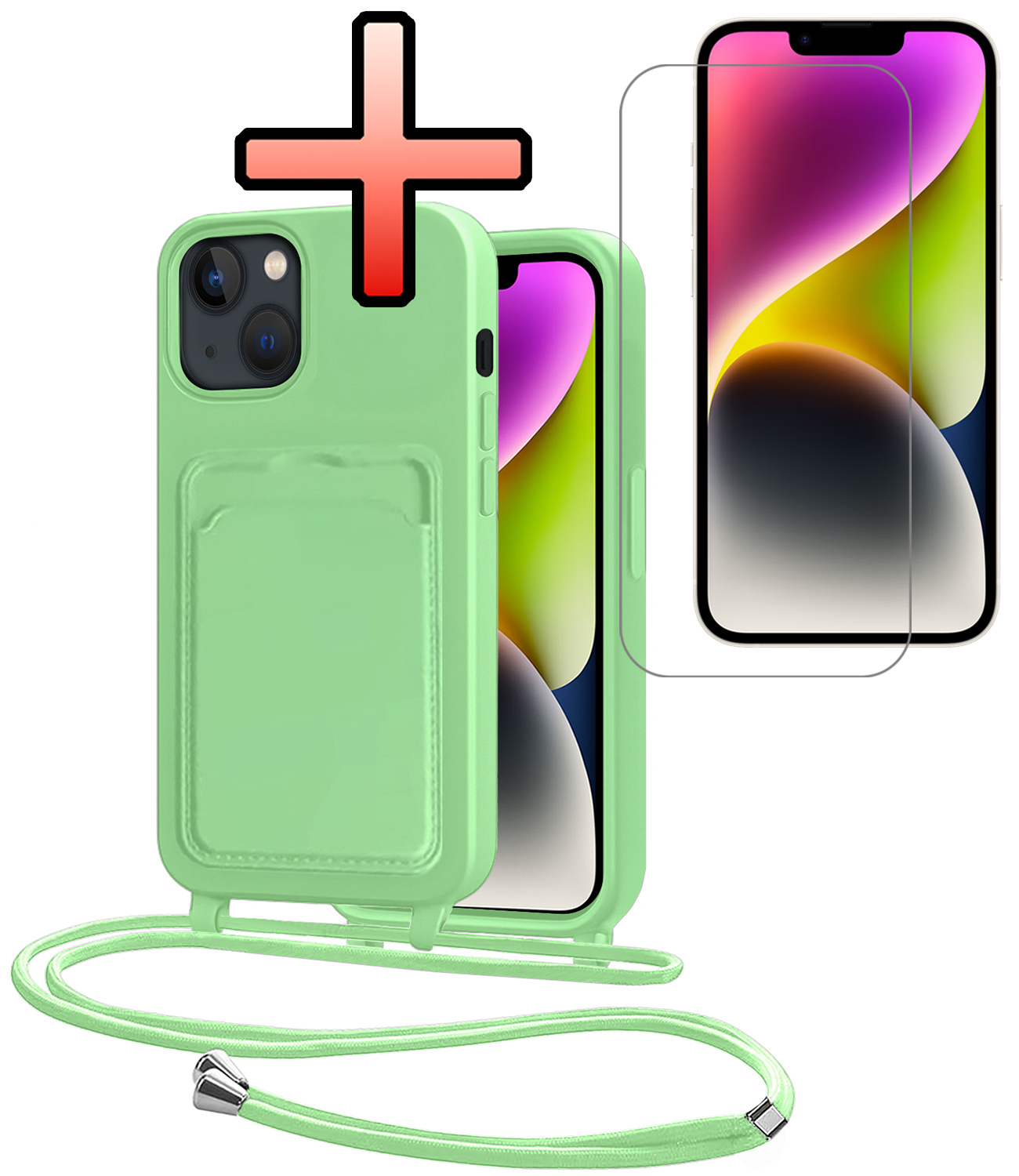 NoXx NoXx iPhone 13 Hoesje Pashouder met Koord Met Screenprotector - Groen