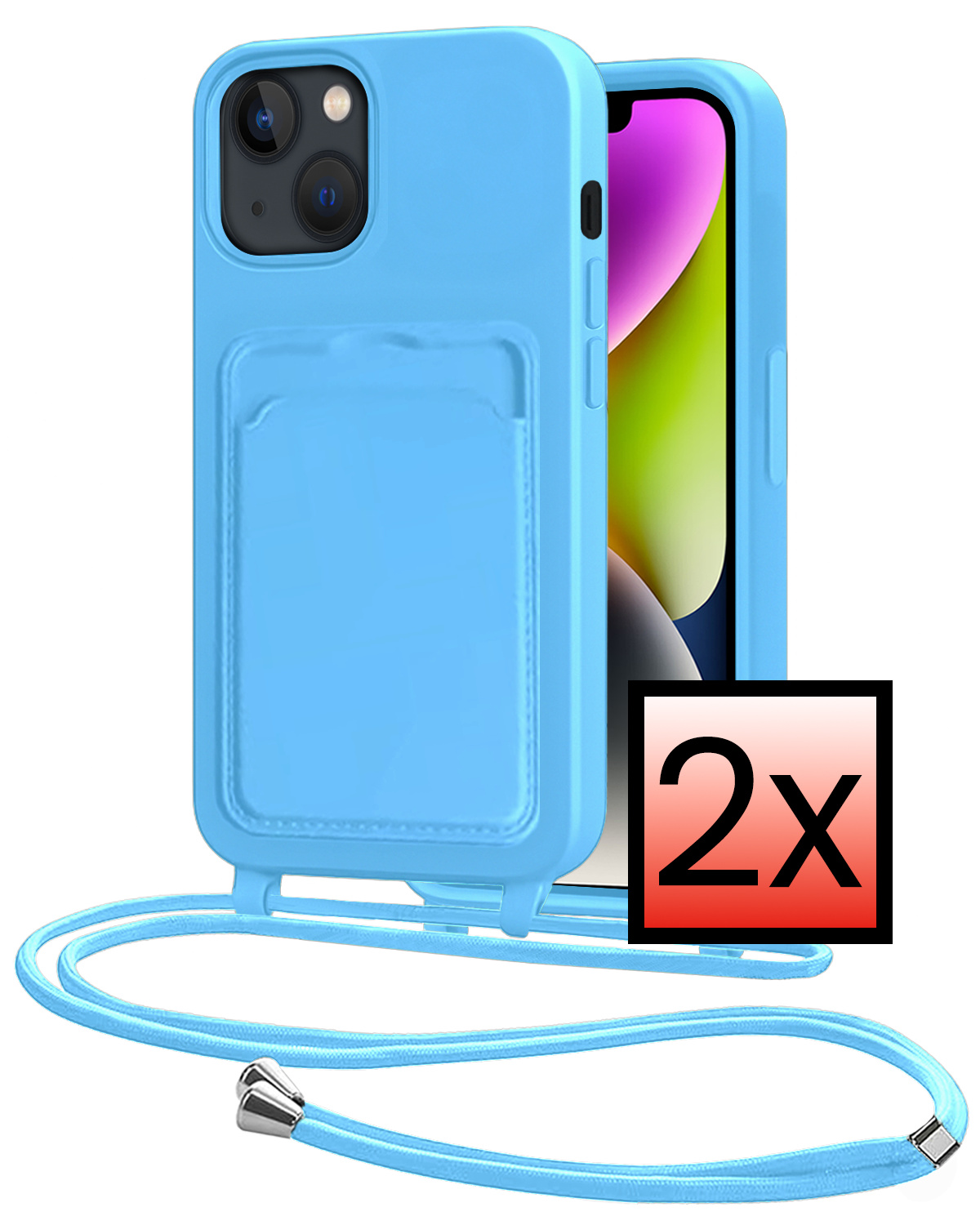 NoXx NoXx iPhone 13 Hoesje Pashouder met Koord - Lichtblauw - 2 PACK