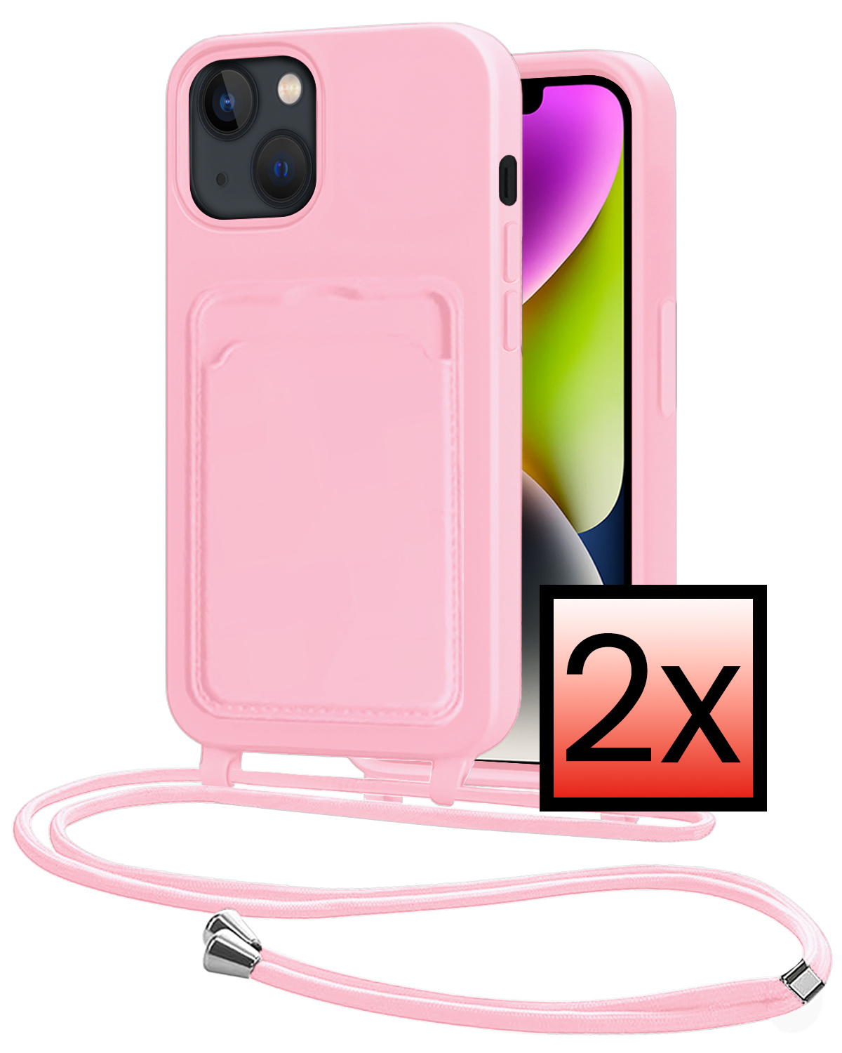 NoXx NoXx iPhone 13 Hoesje Pashouder met Koord - Lichtroze - 2 PACK