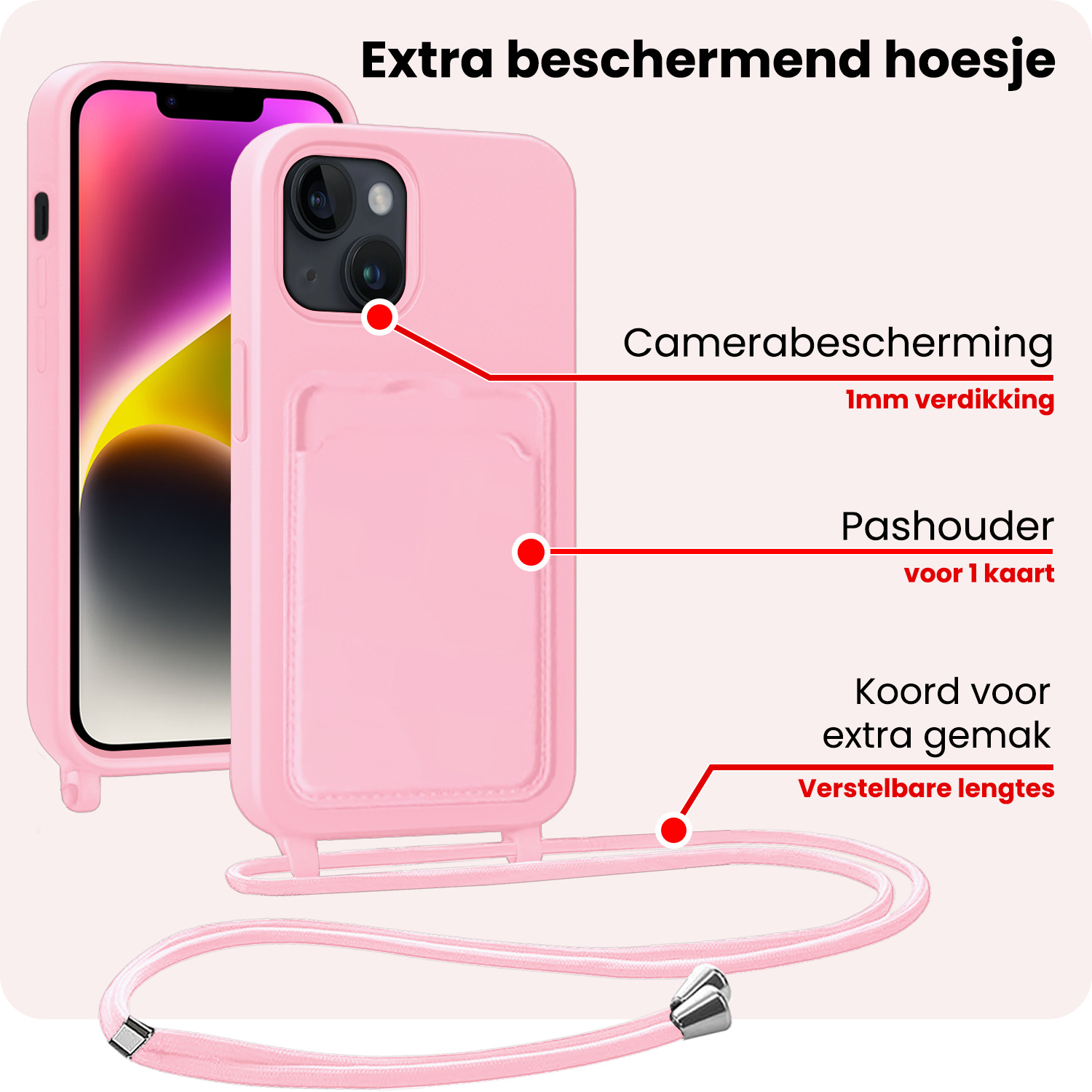NoXx NoXx iPhone 13 Hoesje Pashouder met Koord - Lichtroze - 2 PACK