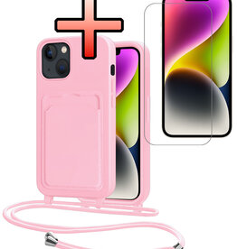 NoXx NoXx iPhone 13 Hoesje Pashouder met Koord Met Screenprotector - Lichtroze