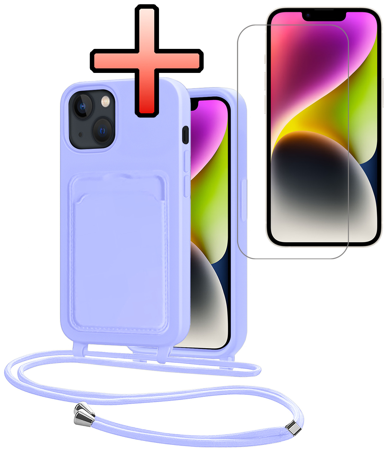 NoXx NoXx iPhone 13 Hoesje Pashouder met Koord Met Screenprotector - Lila