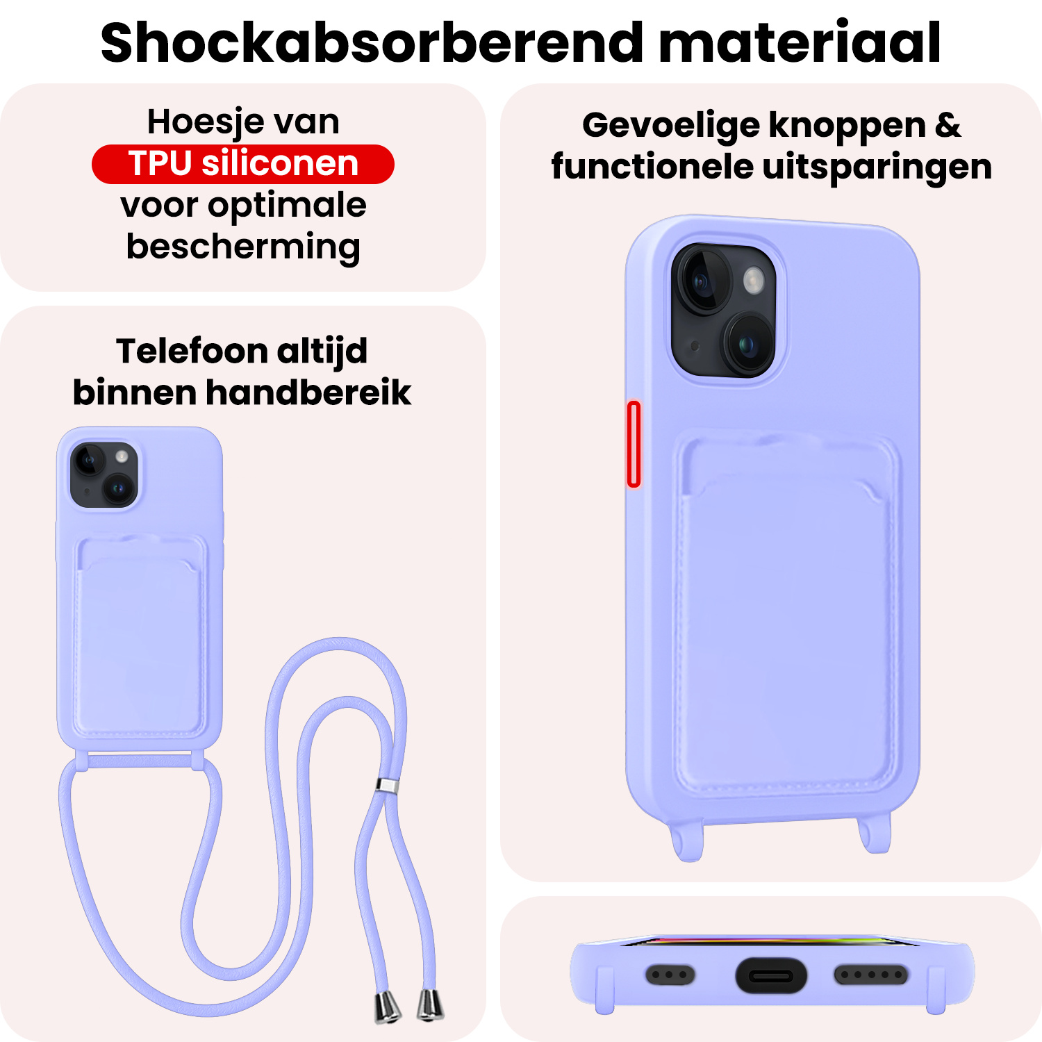 NoXx NoXx iPhone 13 Hoesje Pashouder met Koord Met Screenprotector - Lila