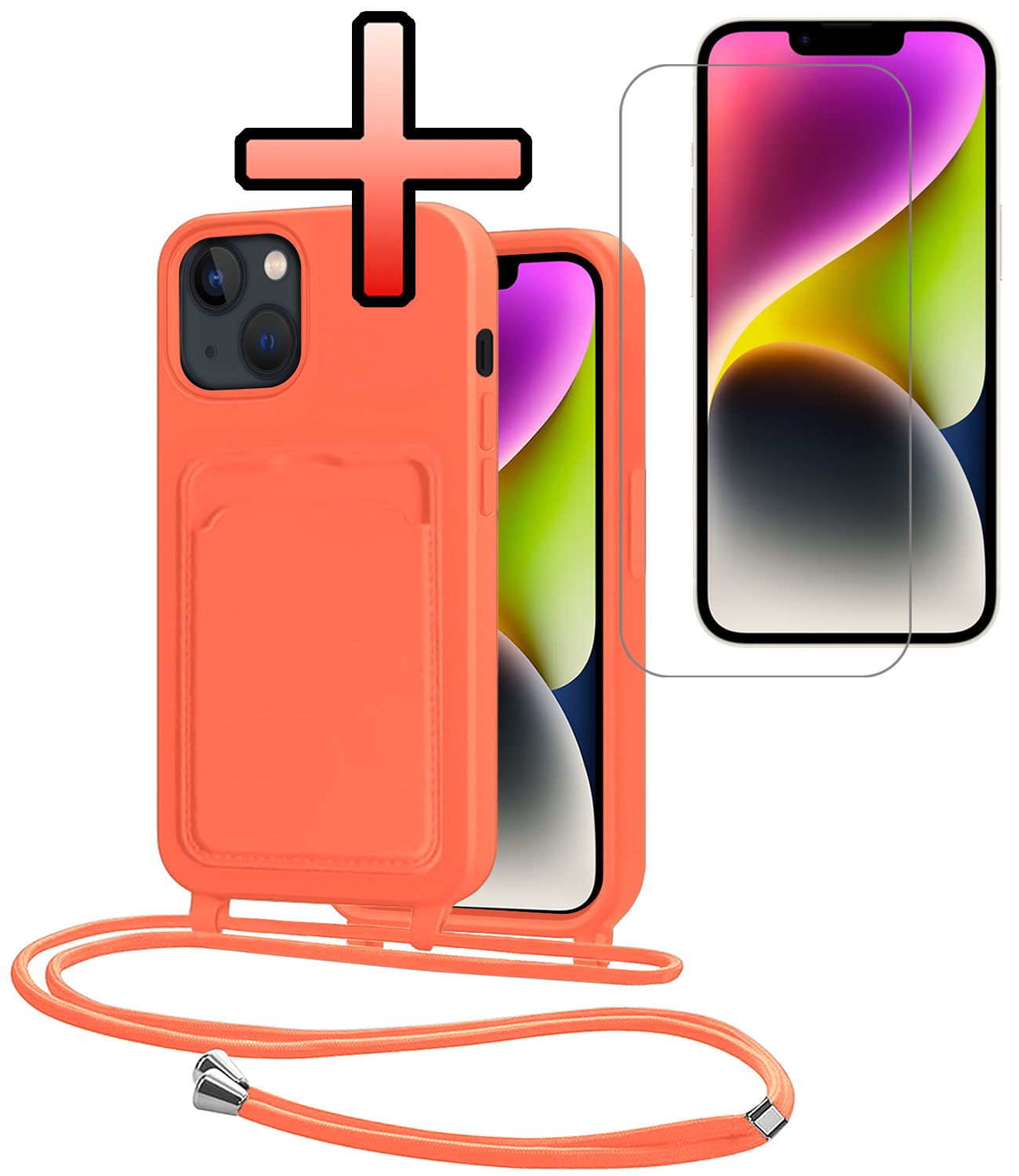 NoXx NoXx iPhone 13 Hoesje Pashouder met Koord Met Screenprotector - Papaya