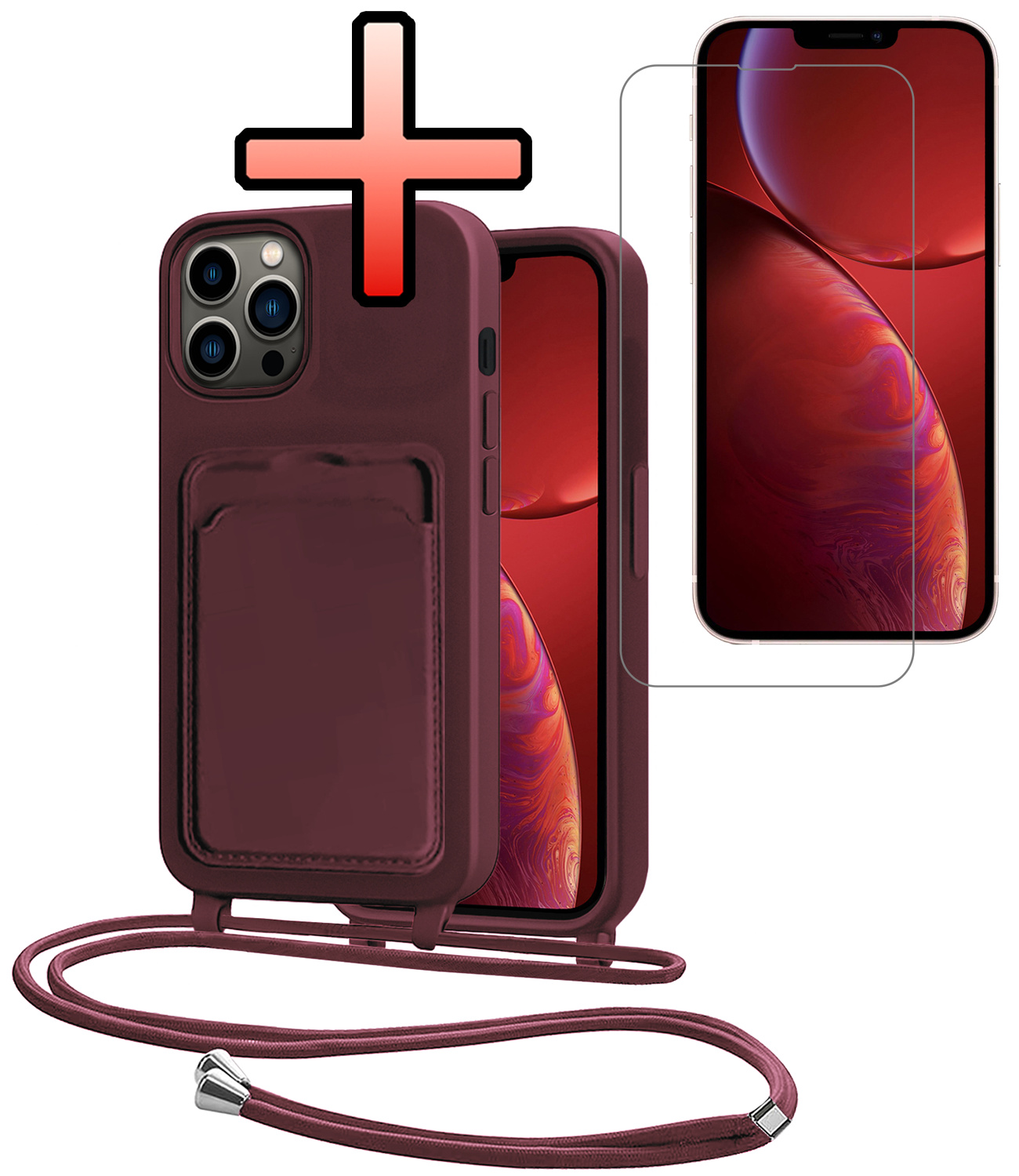 NoXx NoXx iPhone 13 Pro Hoesje Pashouder met Koord Met Screenprotector - Aubergine