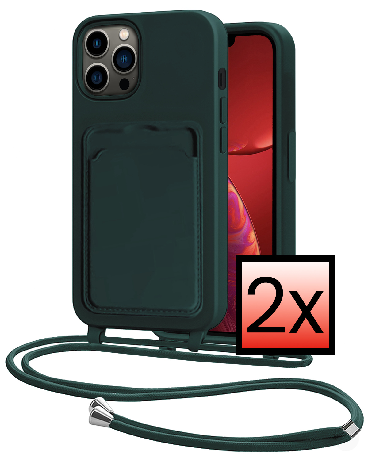NoXx NoXx iPhone 13 Pro Hoesje Pashouder met Koord - Donkergroen - 2 PACK