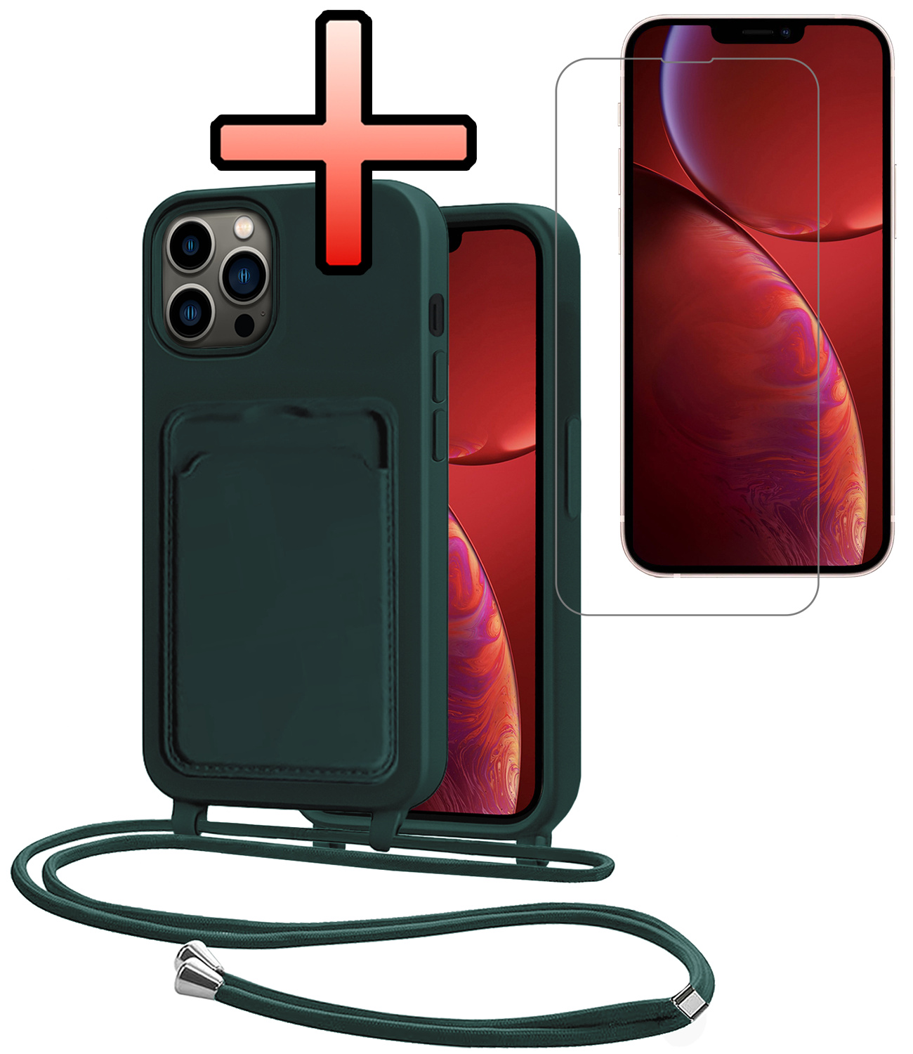 NoXx NoXx iPhone 13 Pro Hoesje Pashouder met Koord Met Screenprotector - Donkergroen