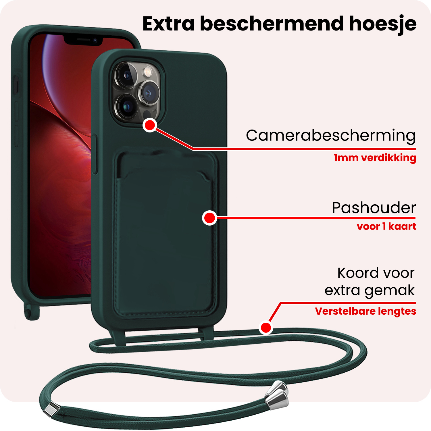 NoXx NoXx iPhone 13 Pro Hoesje Pashouder met Koord Met Screenprotector - Donkergroen