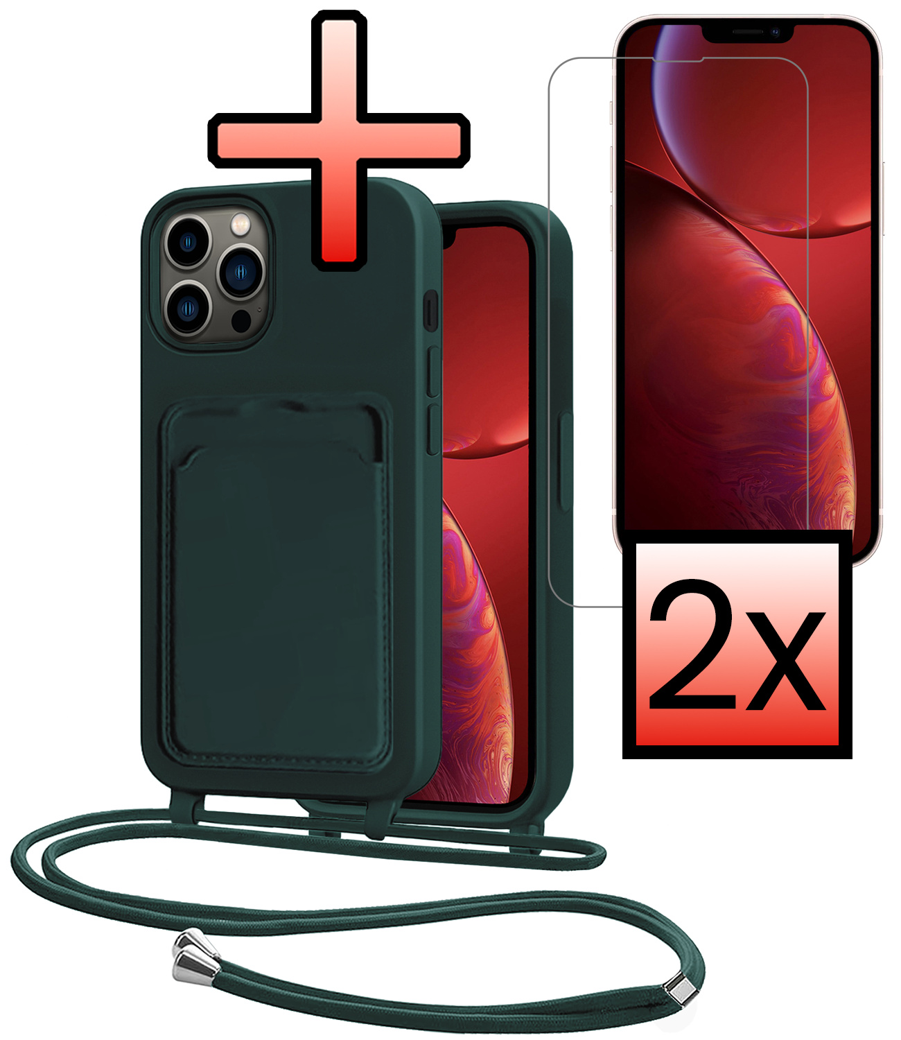NoXx NoXx iPhone 13 Pro Hoesje Pashouder met Koord Met 2x Screenprotector - Donkergroen