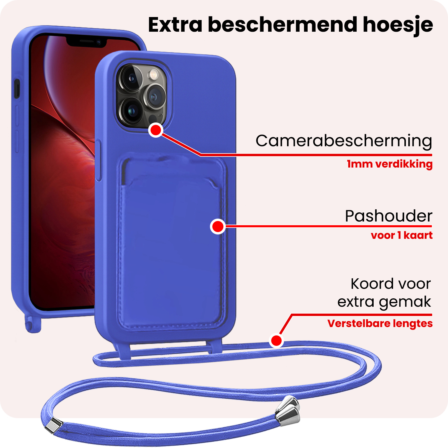 NoXx NoXx iPhone 13 Pro Hoesje Pashouder met Koord Met Screenprotector - Fel Blauw