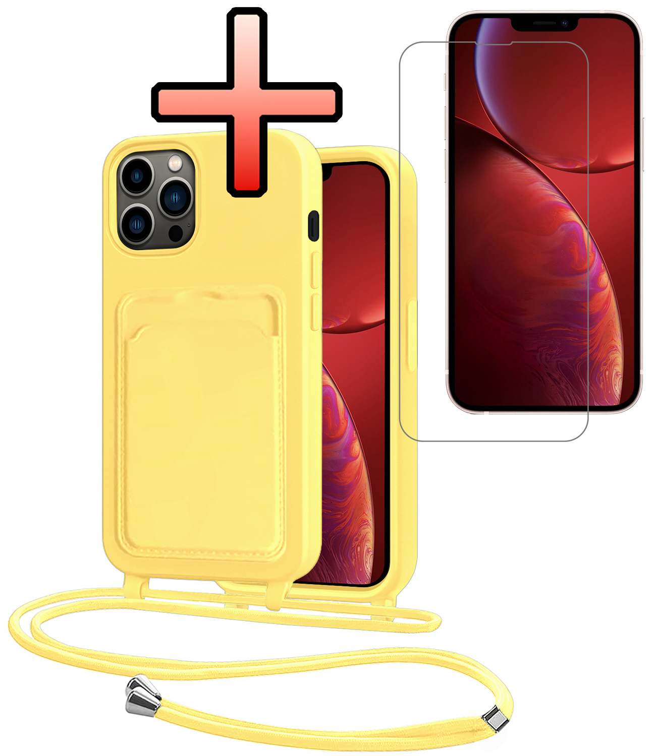 NoXx NoXx iPhone 13 Pro Hoesje Pashouder met Koord Met Screenprotector - Geel