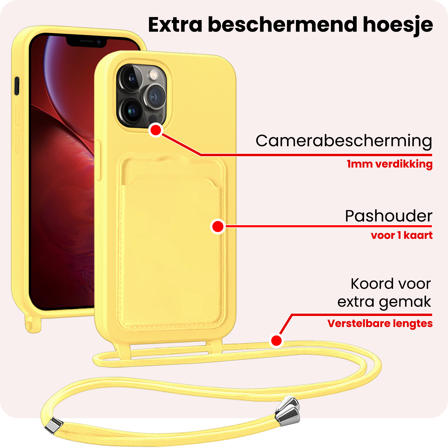 NoXx NoXx iPhone 13 Pro Hoesje Pashouder met Koord Met Screenprotector - Geel