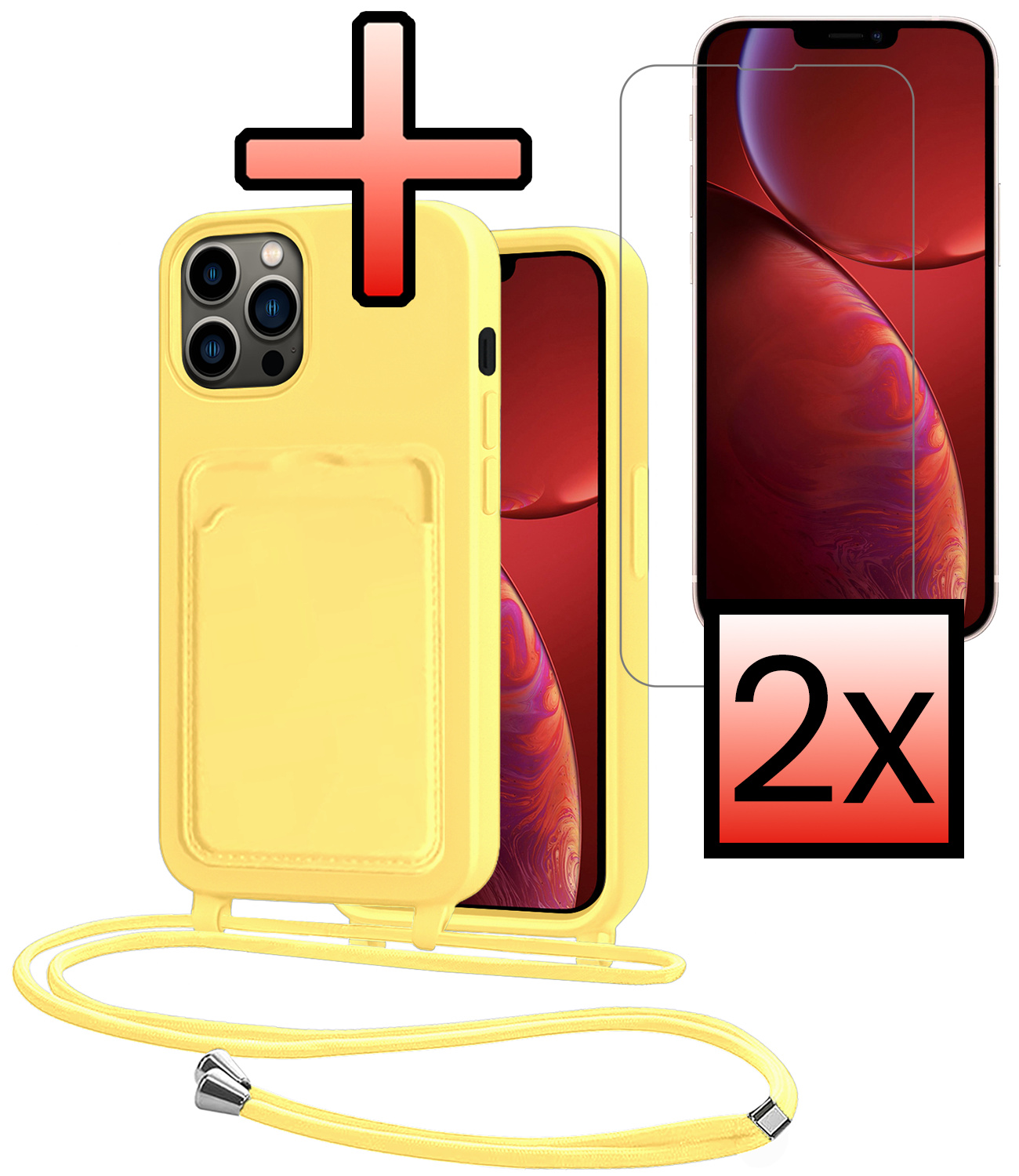 NoXx NoXx iPhone 13 Pro Hoesje Pashouder met Koord Met 2x Screenprotector - Geel