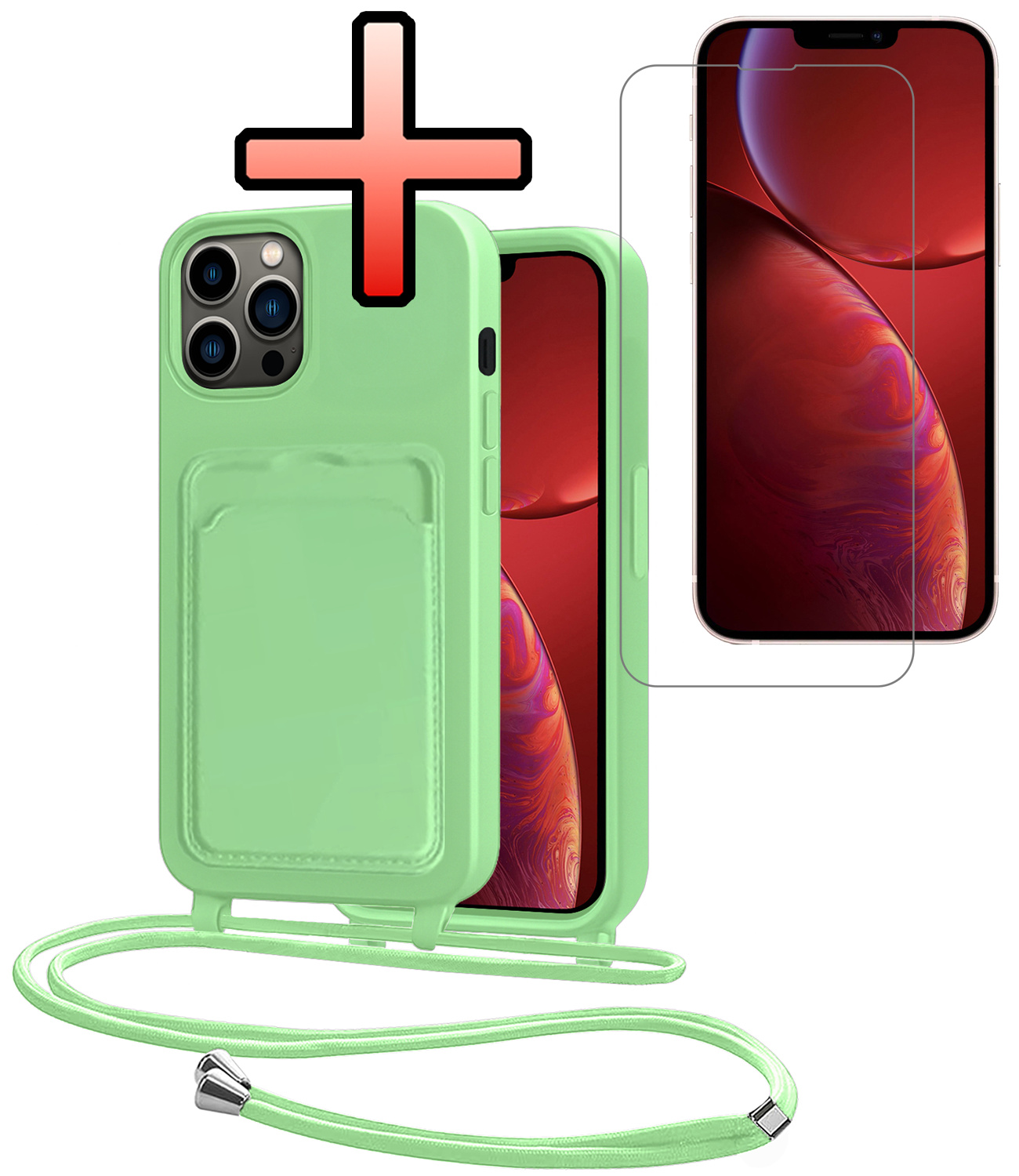 NoXx NoXx iPhone 13 Pro Hoesje Pashouder met Koord Met Screenprotector - Groen