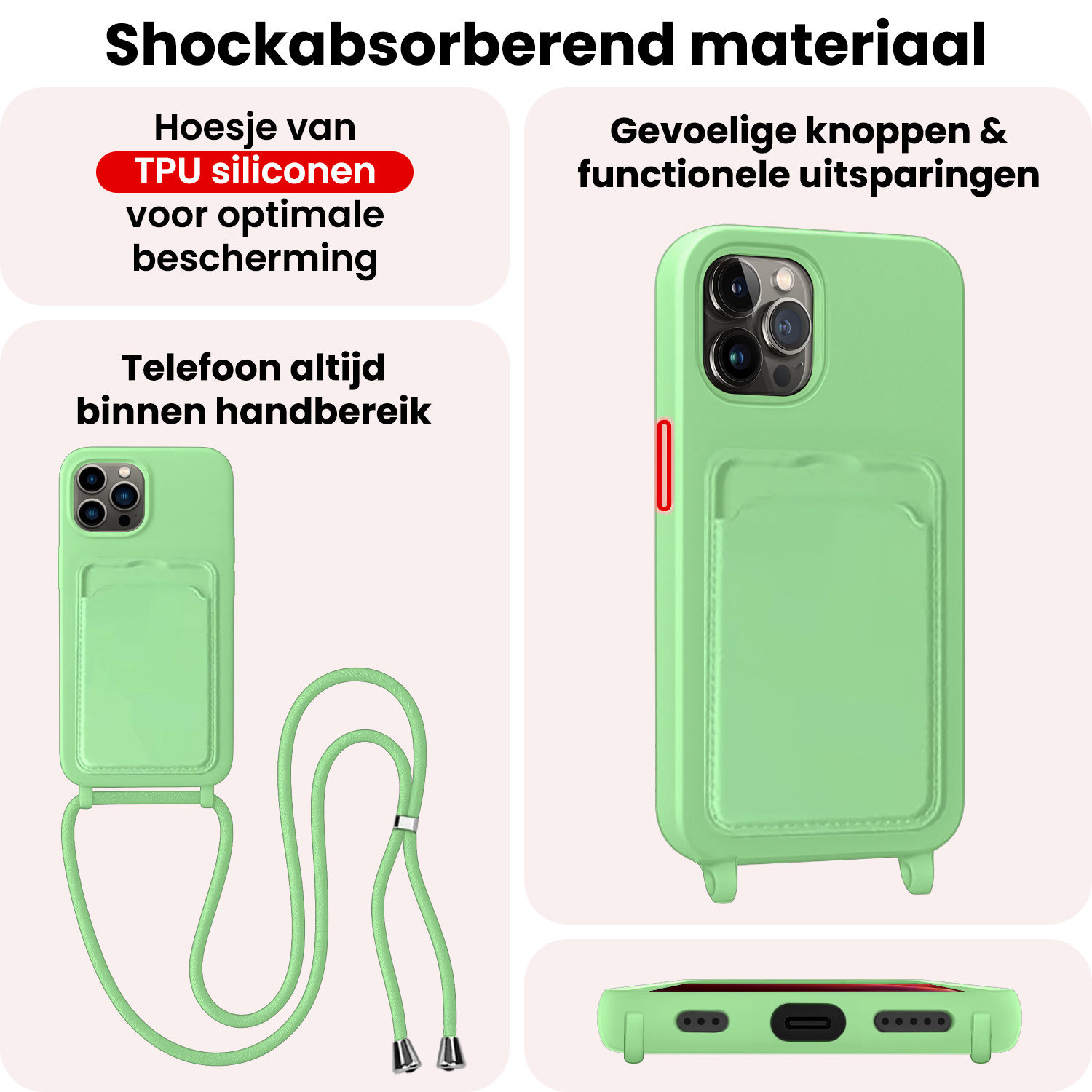 NoXx NoXx iPhone 13 Pro Hoesje Pashouder met Koord Met Screenprotector - Groen