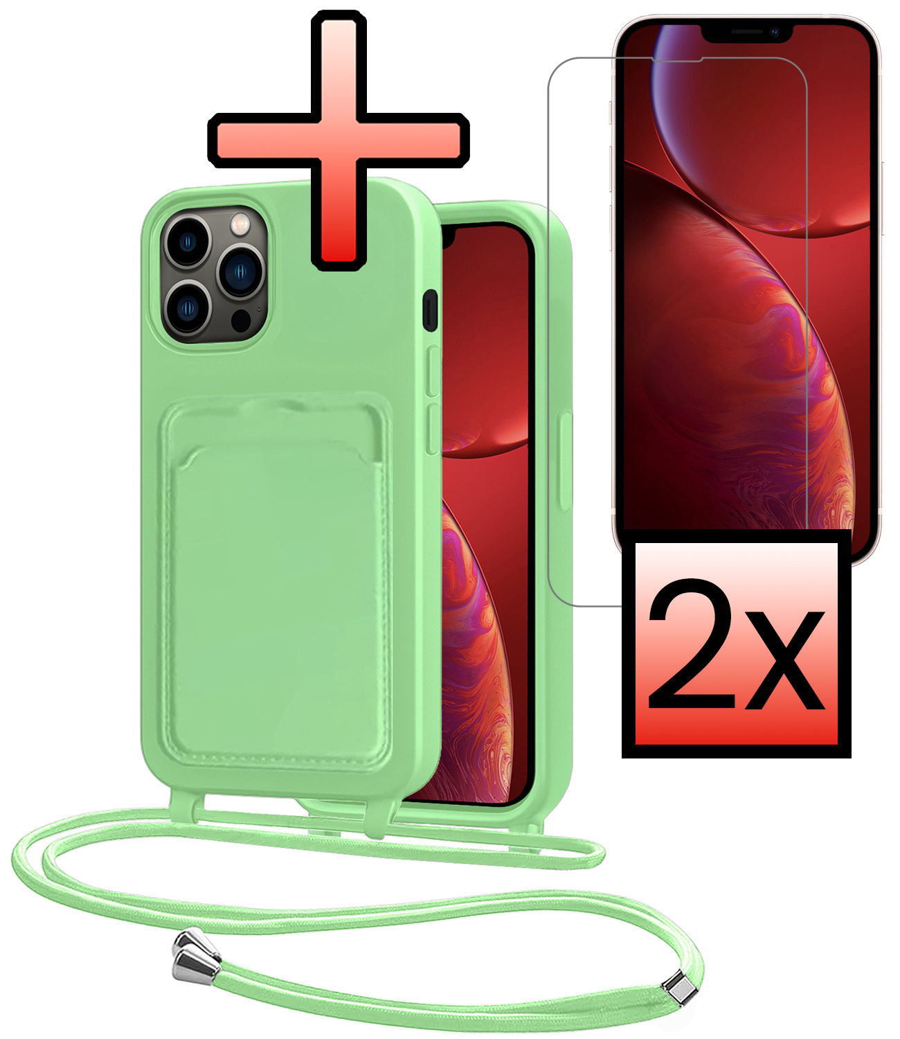 NoXx NoXx iPhone 13 Pro Hoesje Pashouder met Koord Met 2x Screenprotector - Groen