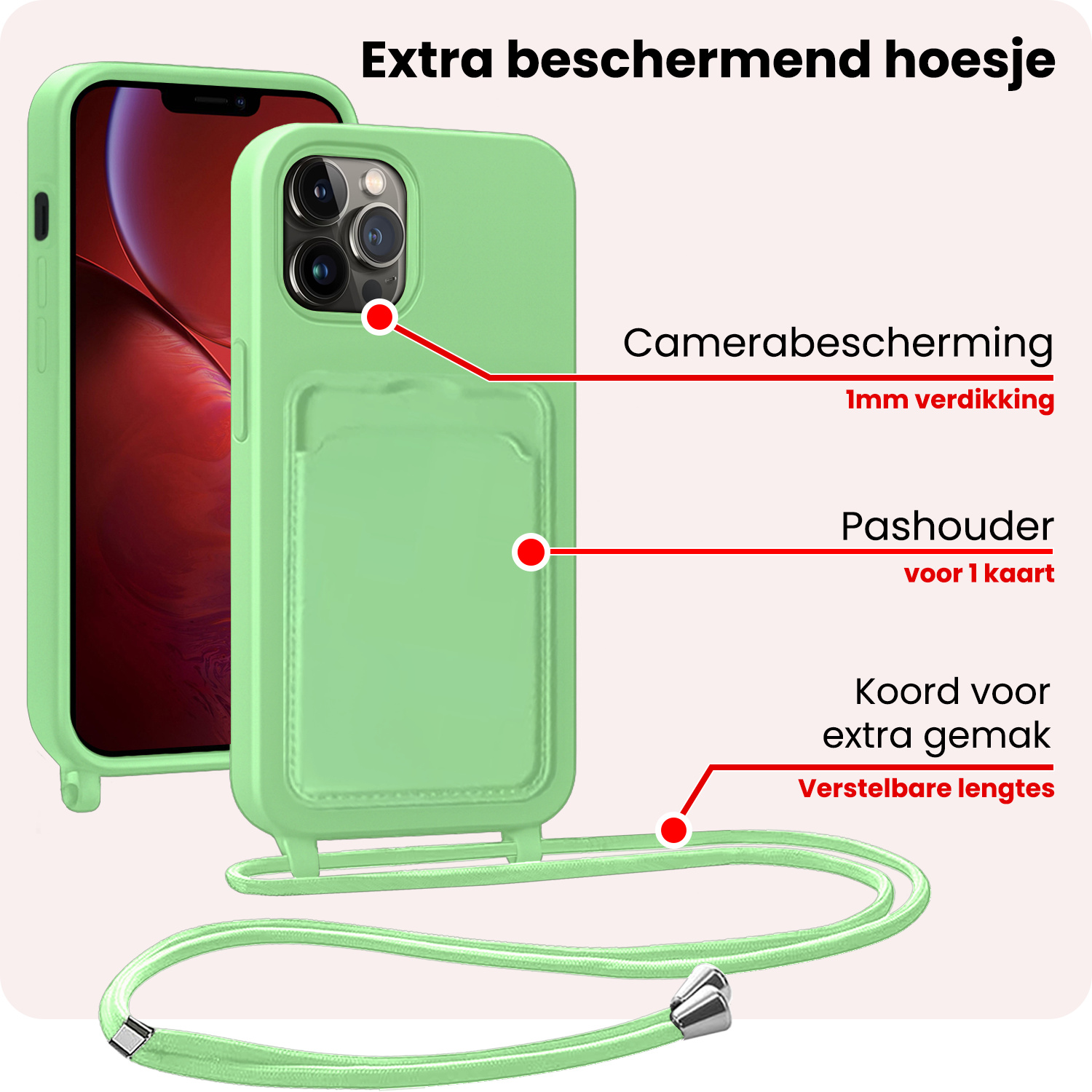 NoXx NoXx iPhone 13 Pro Hoesje Pashouder met Koord Met 2x Screenprotector - Groen