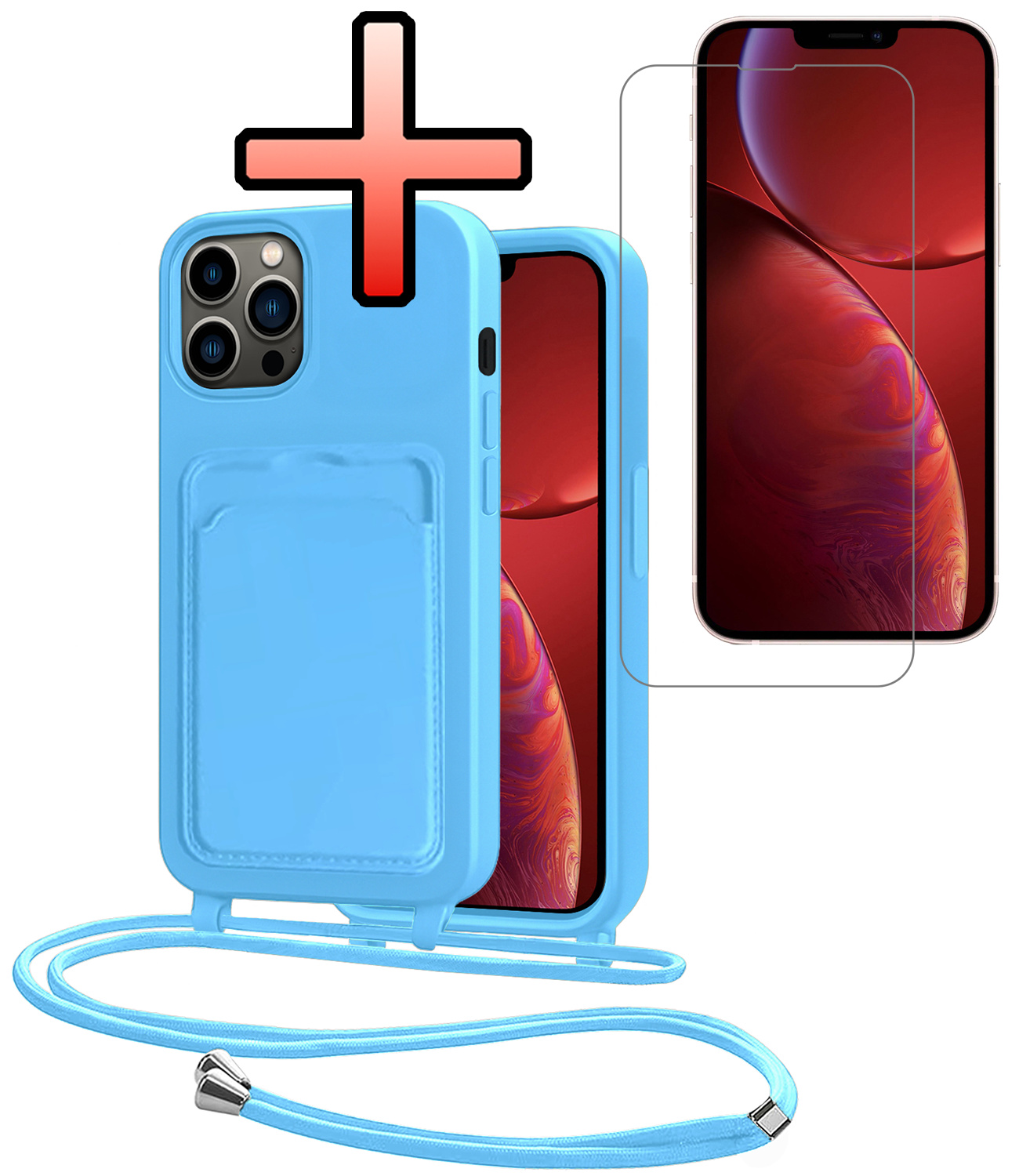 NoXx NoXx iPhone 13 Pro Hoesje Pashouder met Koord Met Screenprotector - Lichtblauw