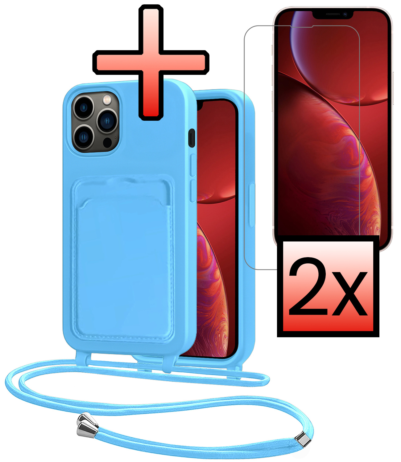 NoXx NoXx iPhone 13 Pro Hoesje Pashouder met Koord Met 2x Screenprotector - Lichtblauw