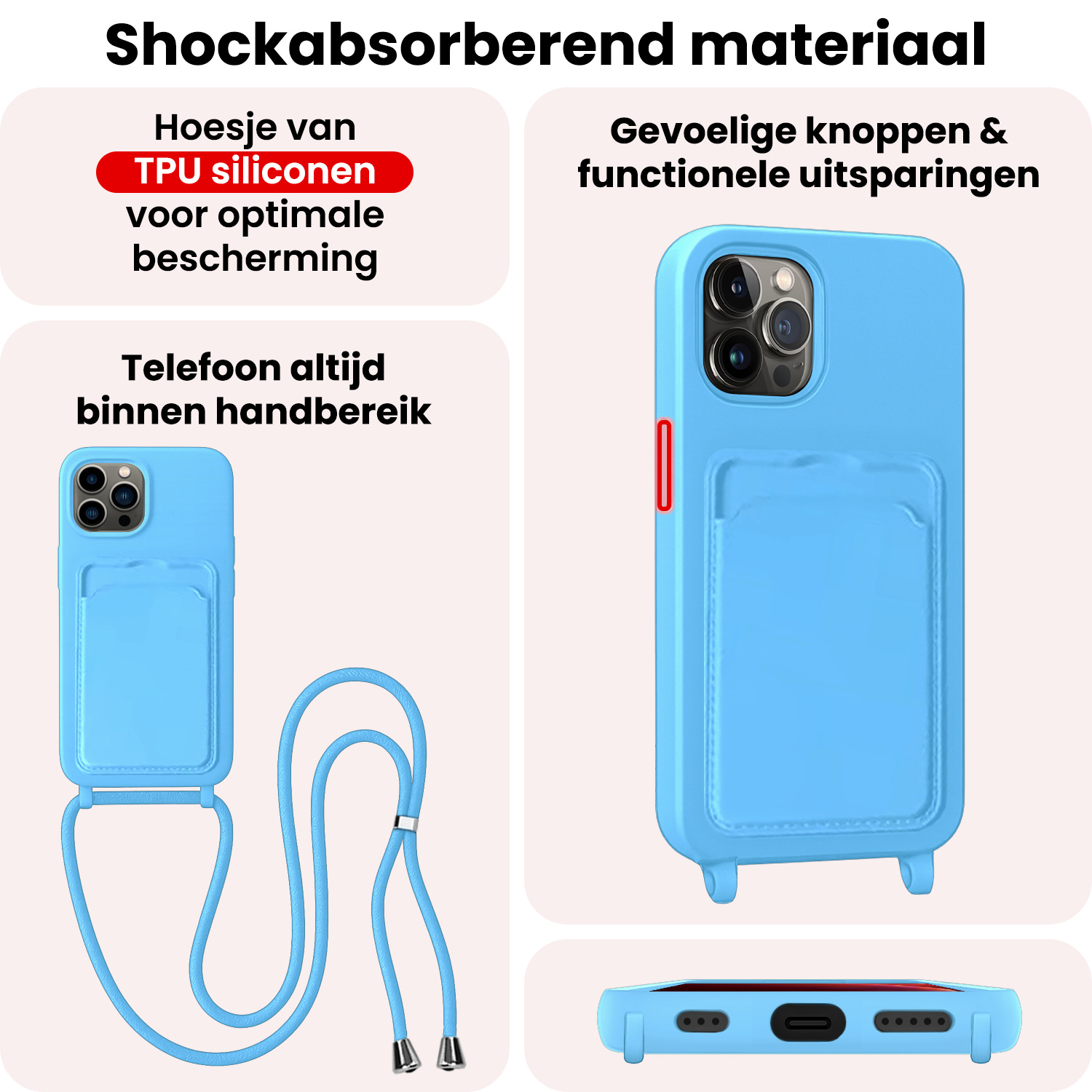 NoXx NoXx iPhone 13 Pro Hoesje Pashouder met Koord Met 2x Screenprotector - Lichtblauw