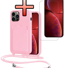 NoXx NoXx iPhone 13 Pro Hoesje Pashouder met Koord Met Screenprotector - Lichtroze