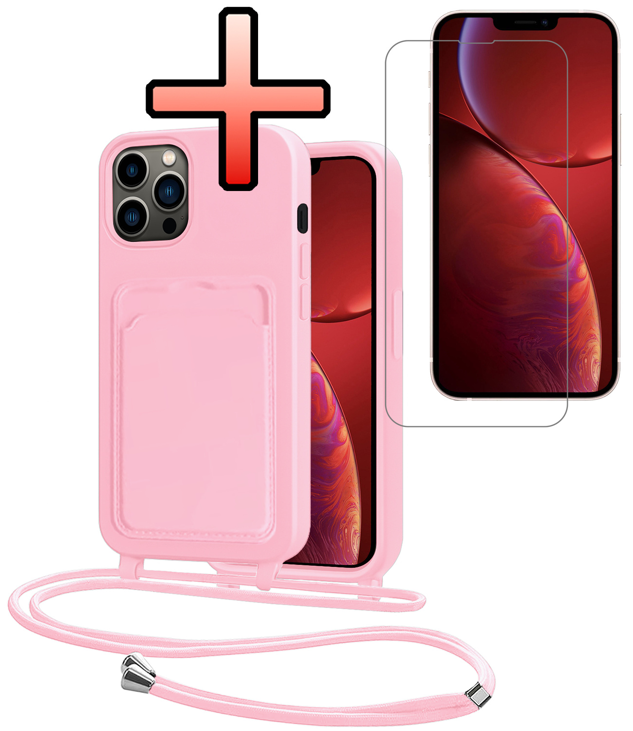 NoXx NoXx iPhone 13 Pro Hoesje Pashouder met Koord Met Screenprotector - Lichtroze