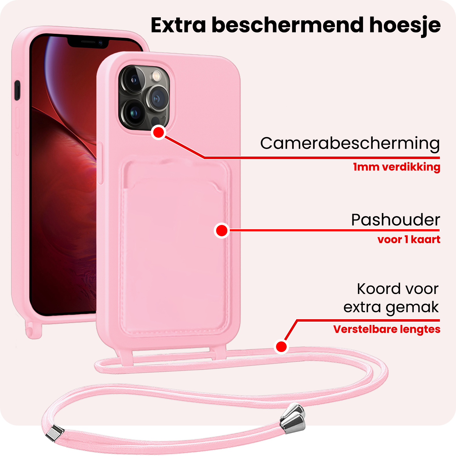 NoXx NoXx iPhone 13 Pro Hoesje Pashouder met Koord Met Screenprotector - Lichtroze