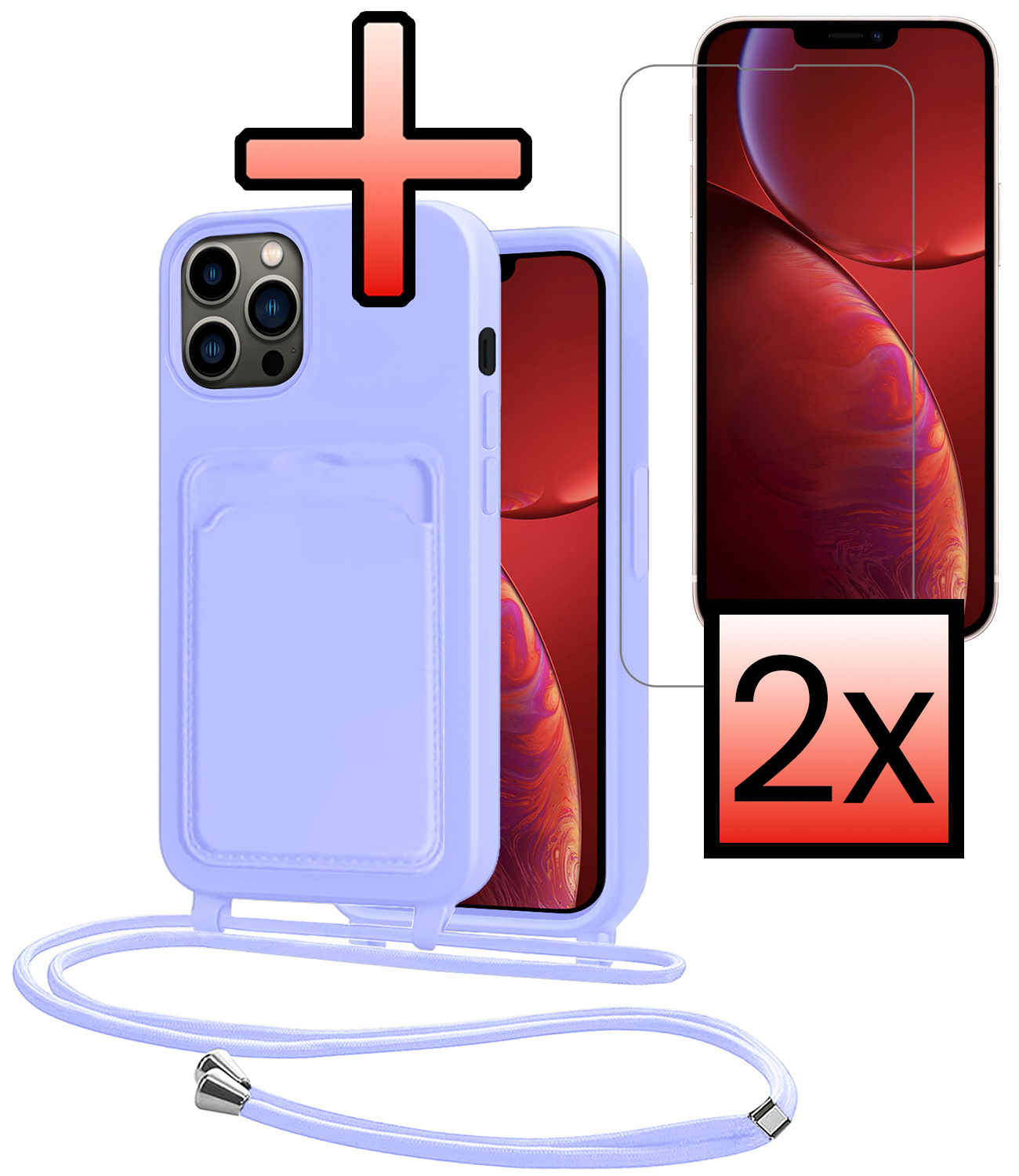 NoXx NoXx iPhone 13 Pro Hoesje Pashouder met Koord Met 2x Screenprotector - Lila