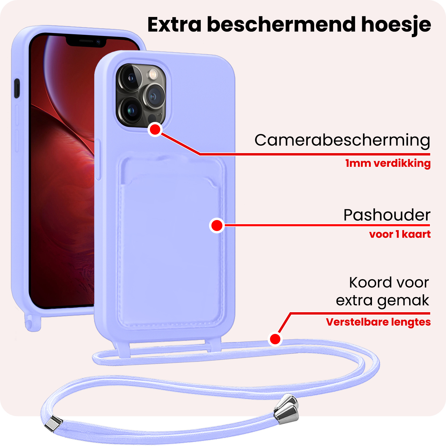 NoXx NoXx iPhone 13 Pro Hoesje Pashouder met Koord Met 2x Screenprotector - Lila