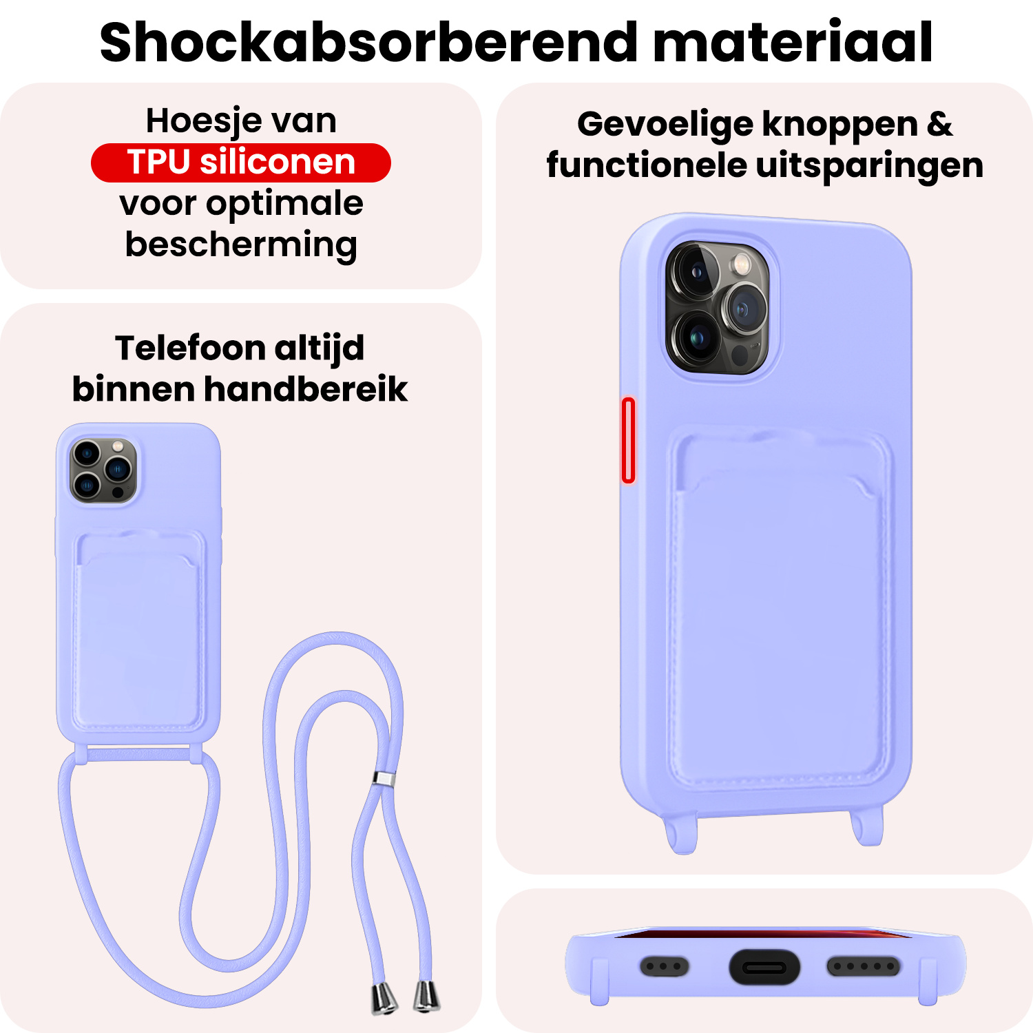 NoXx NoXx iPhone 13 Pro Hoesje Pashouder met Koord Met 2x Screenprotector - Lila