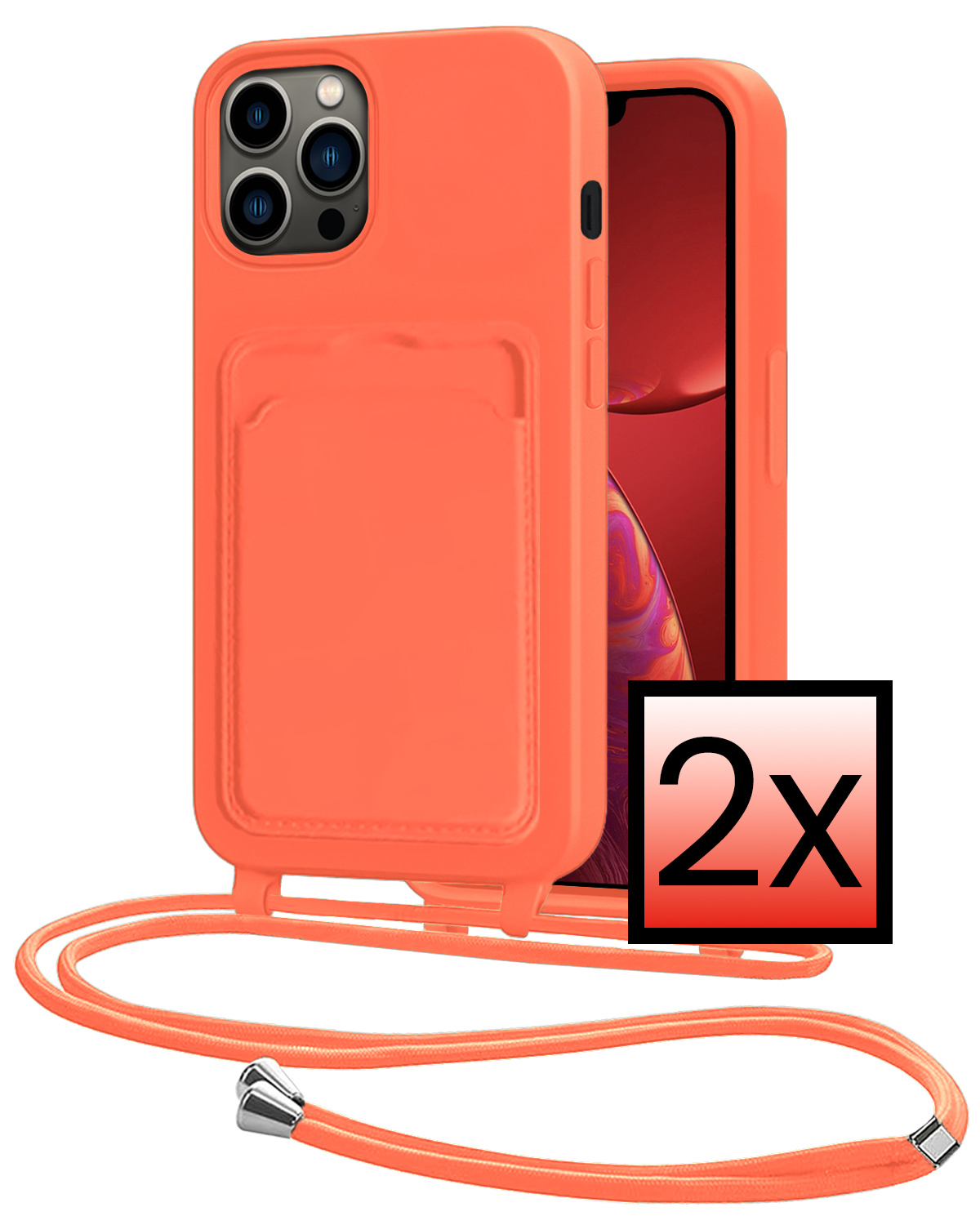 NoXx NoXx iPhone 13 Pro Hoesje Pashouder met Koord - Papaya - 2 PACK